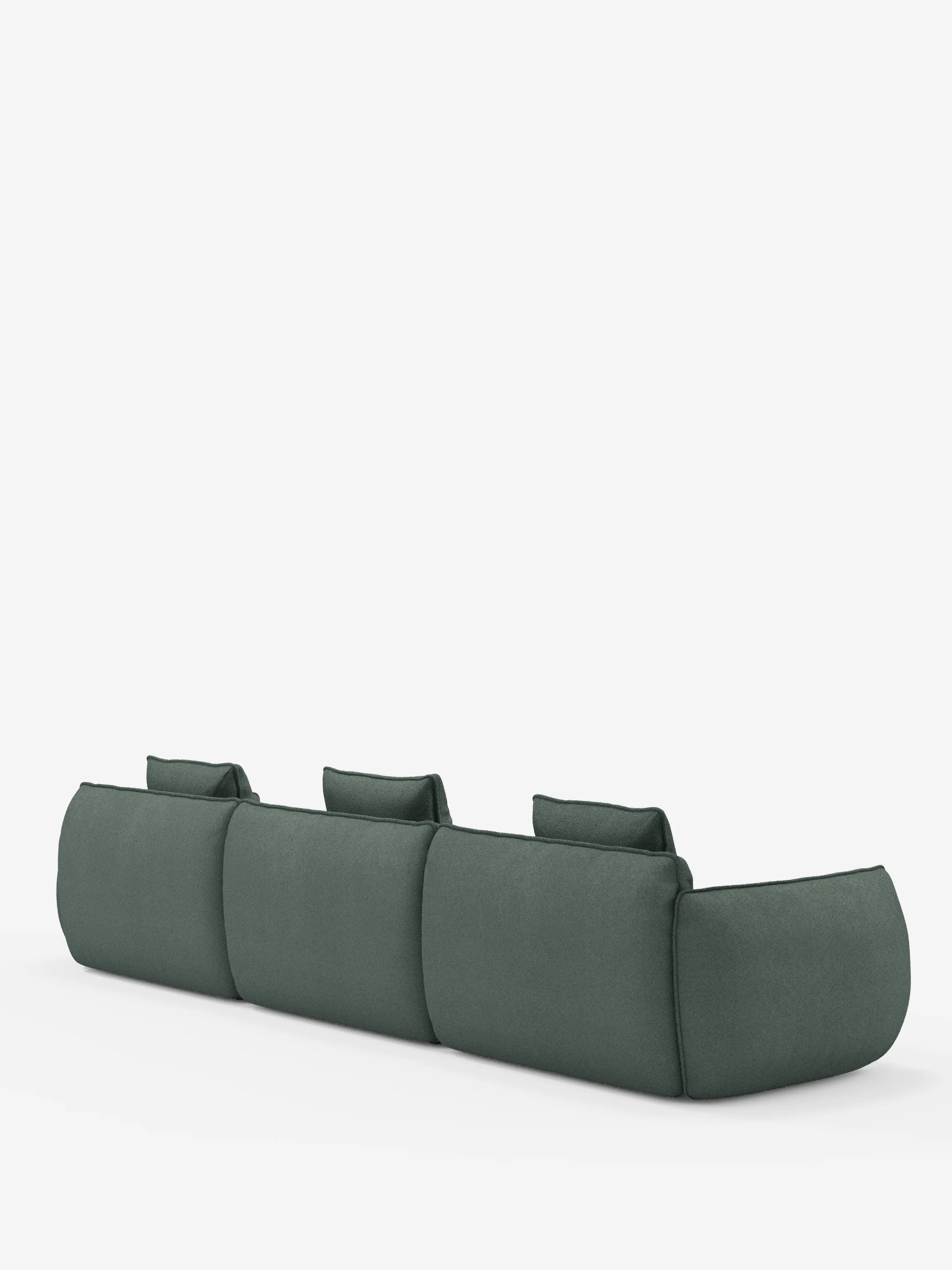 Il divano modulare a 3 posti Nimbus di Divani.Store, presentato in un moderno tessuto verde scuro con schienale basso e cuscini dalle linee pulite e arrotondate, è esposto su uno sfondo bianco a tinta unita e ripreso da dietro per mettere in risalto il suo design semplice e minimalista.