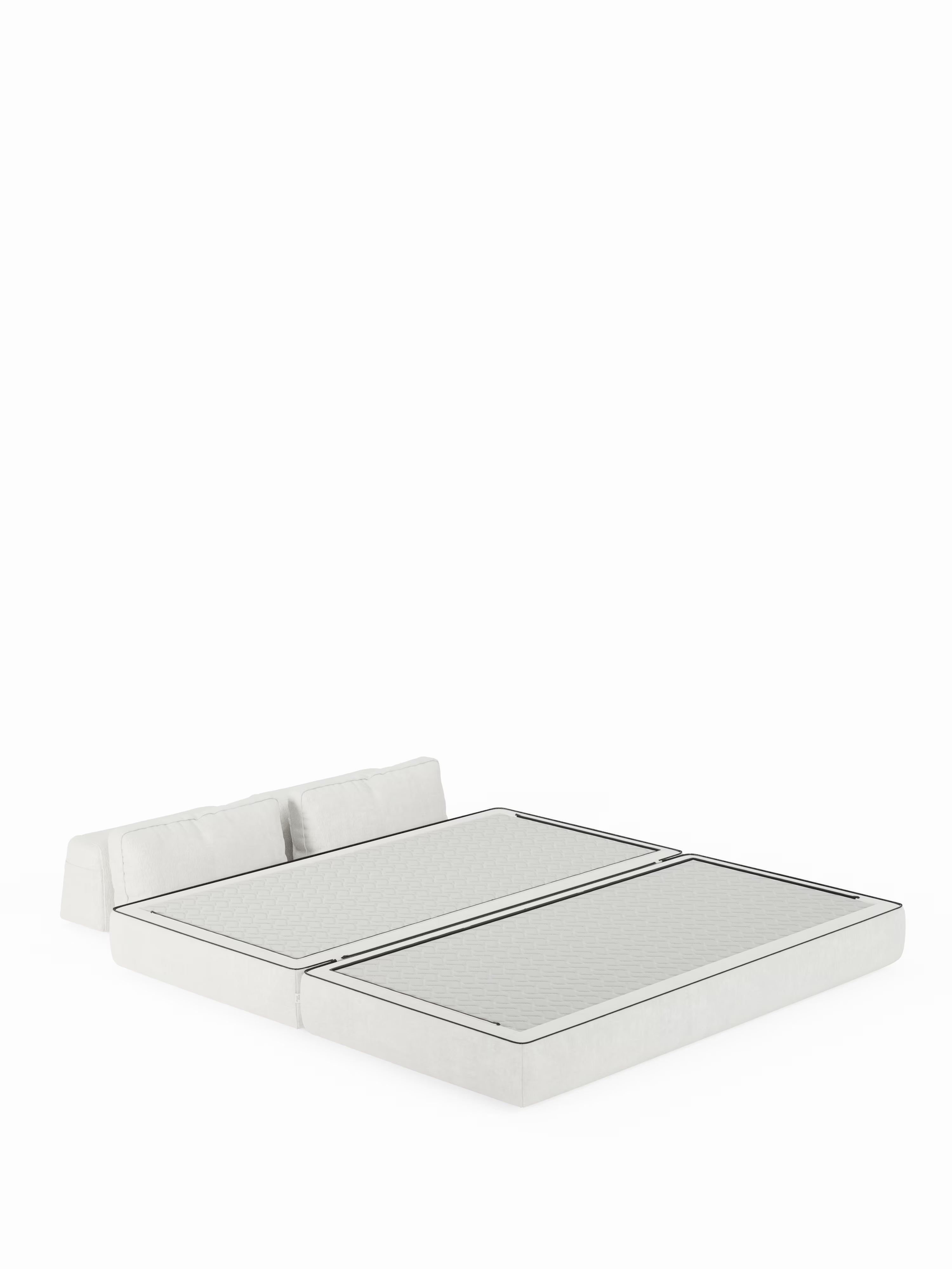Un divano letto matrimoniale a 2 posti modello Rift di Divani.Store, dal design minimalista in bianco, dotato di due cuscini dello schienale rimovibili. Il letto è raffigurato in posizione distesa, mostrando due sezioni rettangolari del materasso in schiuma memory T31 dello spessore di 22 cm, con un semplice motivo trapuntato su uno sfondo bianco a tinta unita.