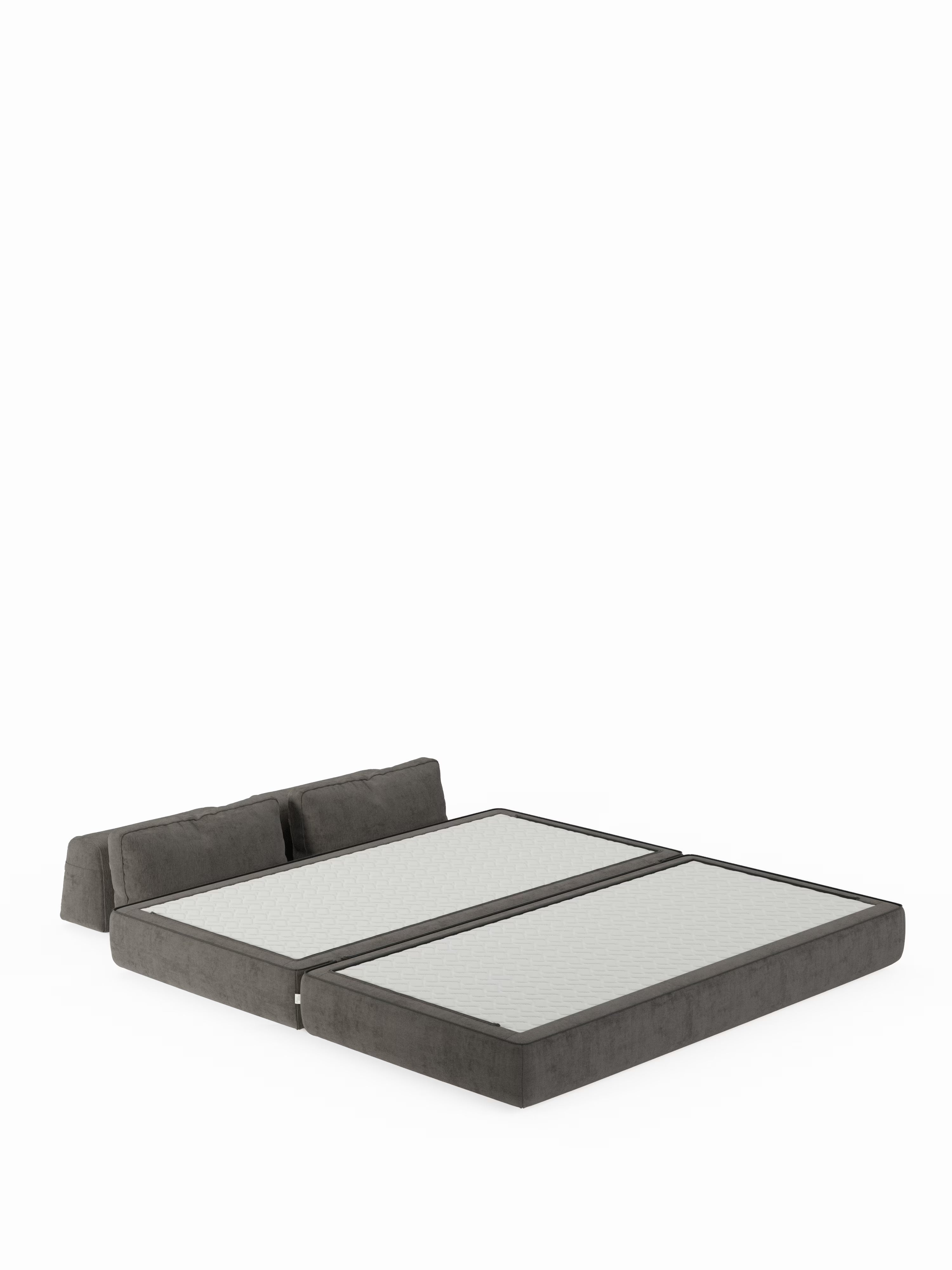 Un divano letto matrimoniale Rift grigio, dal design contemporaneo e dalle linee essenziali, firmato Divani.Store, disponibile nelle versioni a 2 o 3 posti con testiere imbottite regolabili singolarmente. Ogni sezione è dotata di un materasso in memory foam T31 alto 22 cm per un comfort eccezionale. La silhouette rettangolare e minimalista del letto riflette un design moderno ed essenziale, messo in risalto da uno sfondo bianco a tinta unita per un look elegante e sobrio.