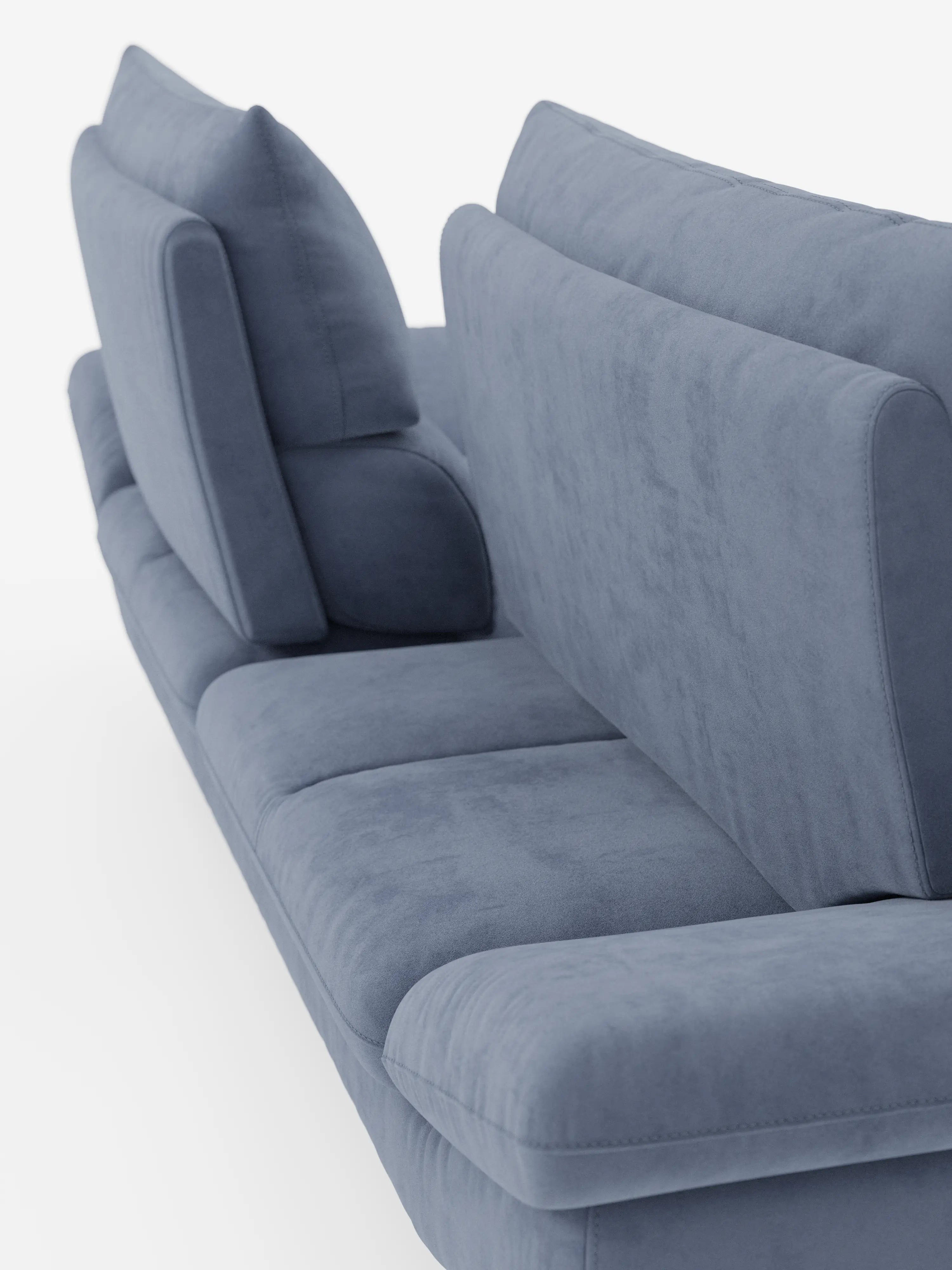 Un primo piano del divano Eclipse, dal design moderno, a 2 e 3 posti con schienali traslanti, di Divani.Store. Questo elegante divano presenta cuscini di seduta e schienale spessi, gambe alte e un rivestimento in microfibra T11 di facile manutenzione. La sua seduta modulabile e gli innovativi schienali traslanti garantiscono un comfort e una flessibilità eccezionali. La silhouette moderna è esaltata dalla morbida trama e dalle linee pulite, che risaltano sullo sfondo bianco.