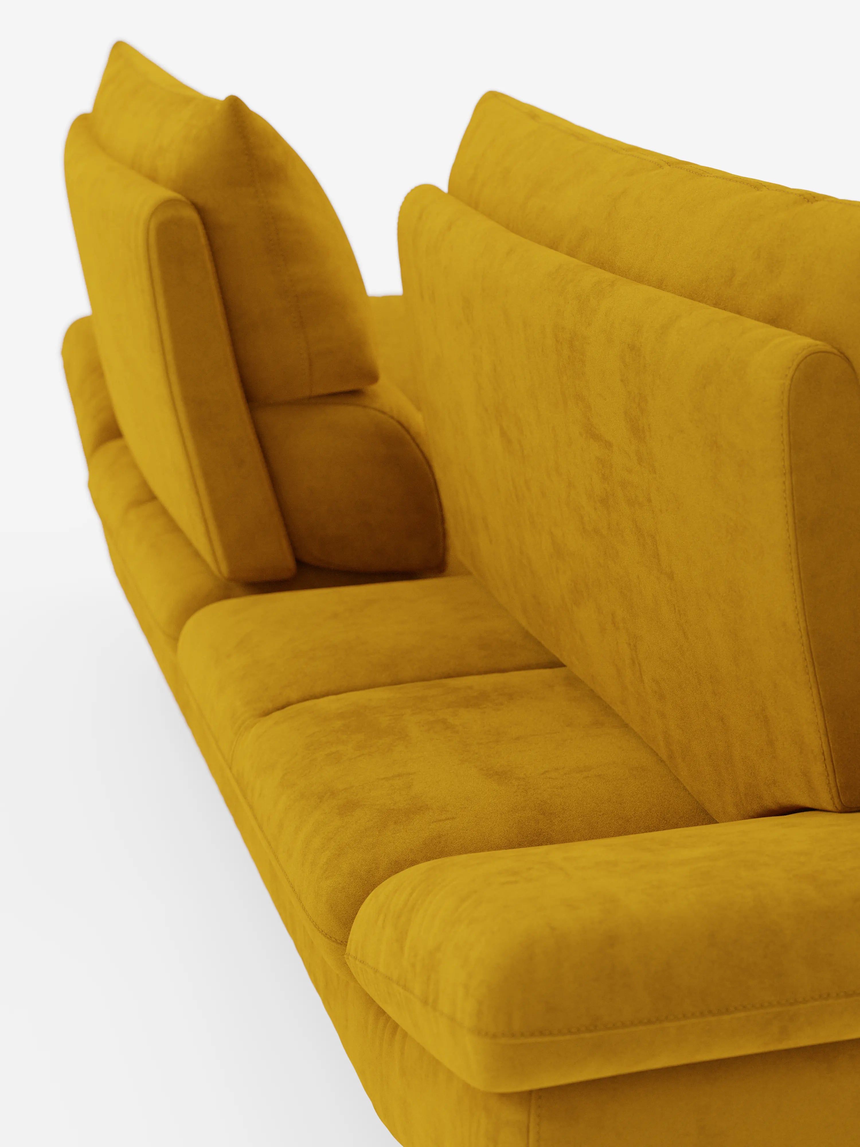 Un primo piano del divano Eclipse, dal design moderno, a 2 e 3 posti con schienali traslanti, di Divani.Store, rivestito in elegante microfibra T11 giallo senape, resistente alle macchie, con gambe alte. Lo scatto, realizzato da dietro e leggermente dall’alto su uno sfondo bianco a tinta unita, mette in risalto i cuscini spessi e morbidi e gli schienali regolabili in inclinazione.