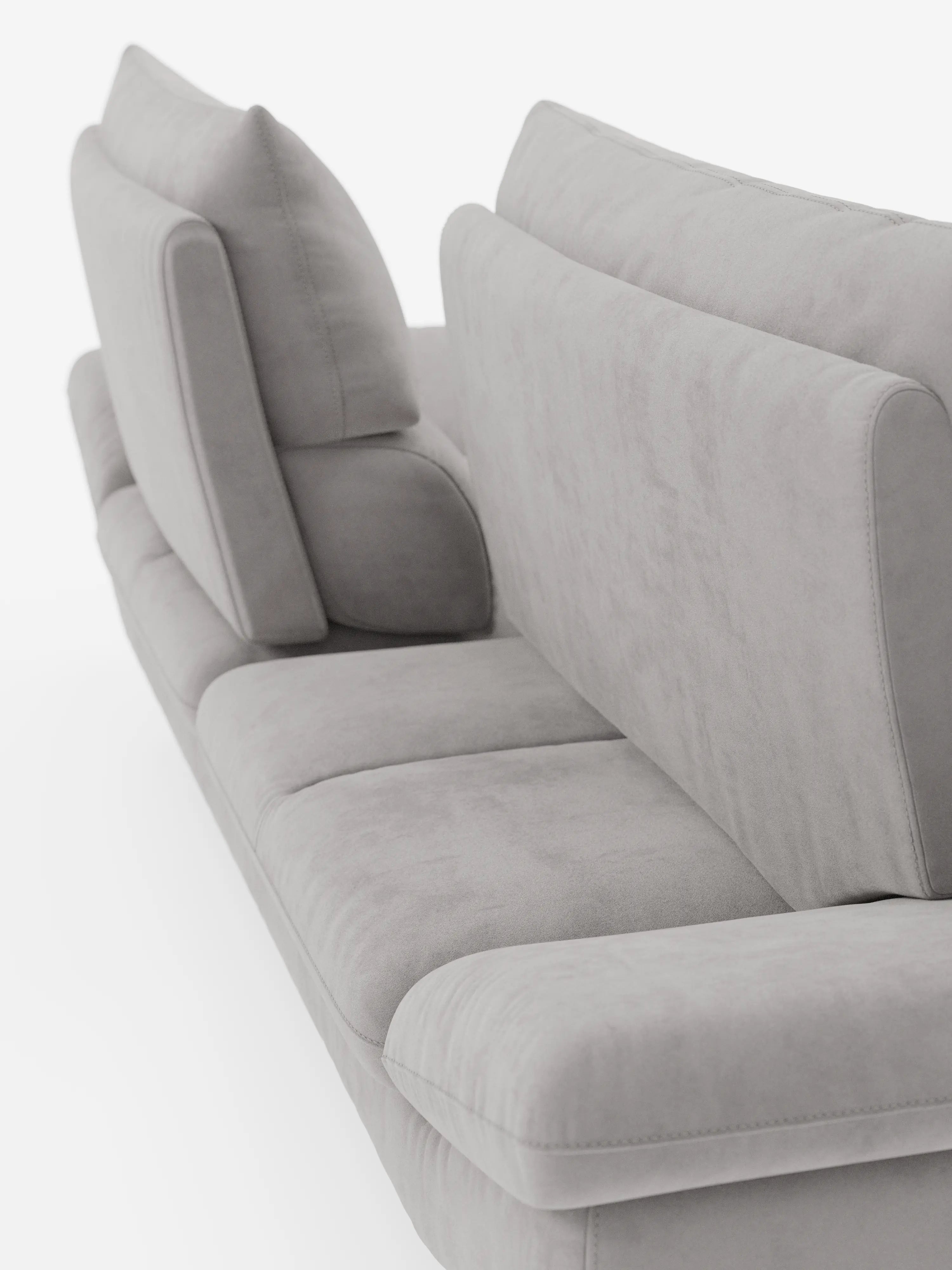 Un primo piano del divano Eclipse dal design moderno a 2 e 3 posti con schienali traslanti di Divani.Store rivela morbidi cuscini di seduta, schienale e laterali realizzati in elegante microfibra T11 smacchiabile color grigio chiaro dalla trama liscia. Questo divano contemporaneo offre un comfort modulabile grazie all’innovativo design dello schienale traslante e presenta gambe alte, qui raffigurate di profilo con parti di due sezioni di seduta visibili su uno sfondo bianco.