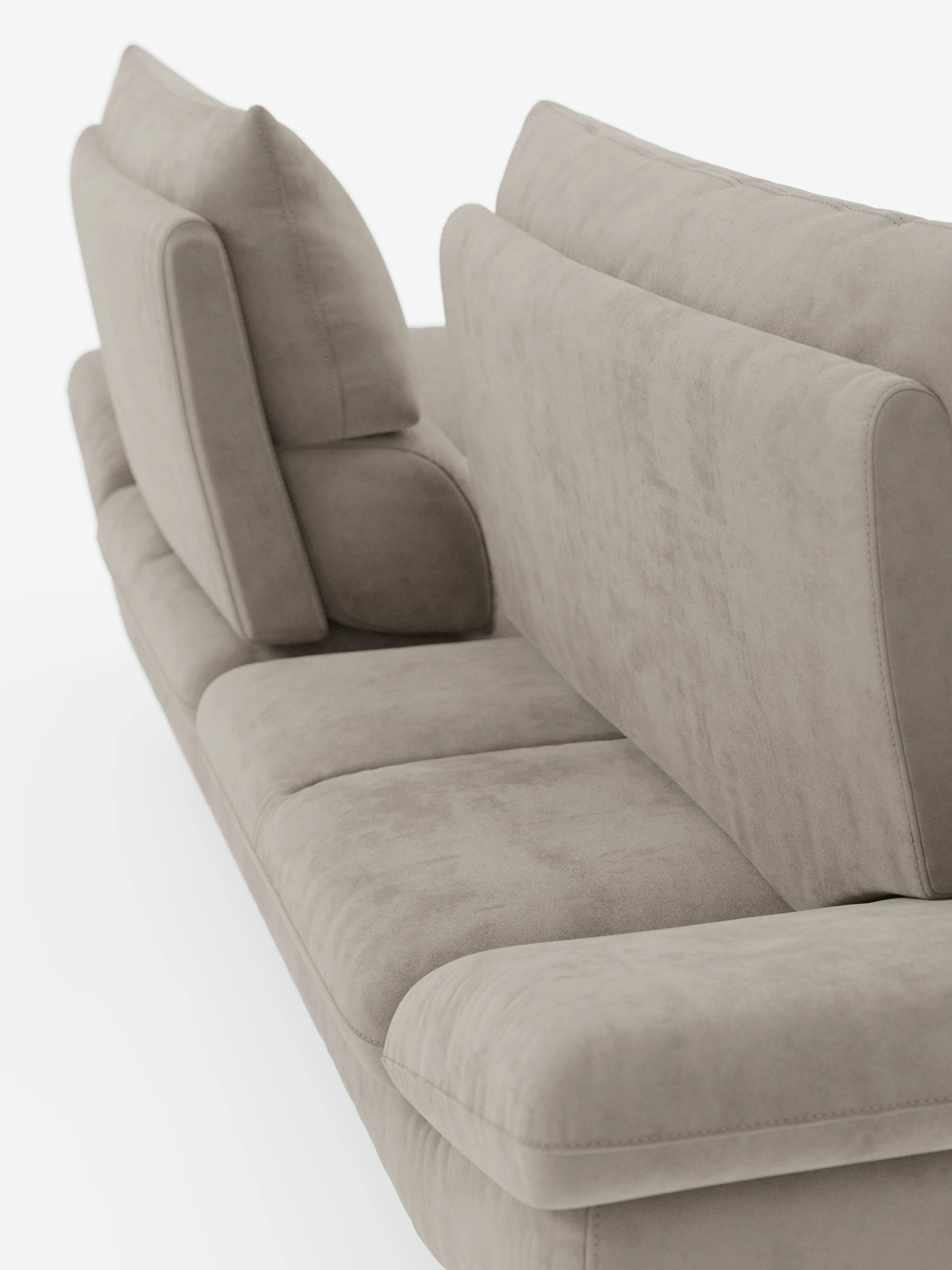 Un primo piano dell’Eclipse Divano, dal design moderno a 2 e 3 posti con schienali traslanti di Divani.Store, ne mette in risalto la silhouette moderna, il rivestimento in microfibra T11 beige chiaro e resistente alle macchie e i morbidi cuscini imbottiti. Le linee pulite del divano, gli schienali regolabili (schienali traslanti) e le gambe alte ne esaltano il comfort modulabile e l’eleganza contemporanea su uno sfondo bianco.