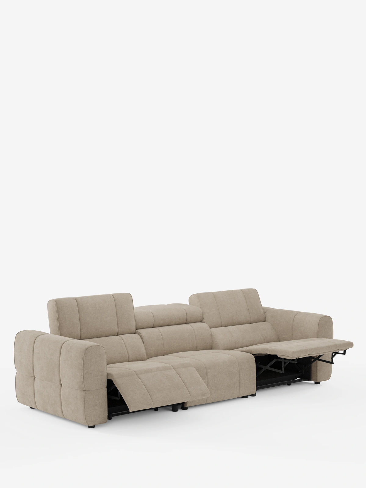 Il divano modulare Giotto a 4 posti con poggiatesta reclinabili e funzione relax elettrica opzionale, rivestito in tessuto smacchiabile T23, è un divano beige chiaro a 4 posti dotato di poggiatesta regolabili, due poggiapiedi elettrici e un design trapuntato con ampi braccioli imbottiti.