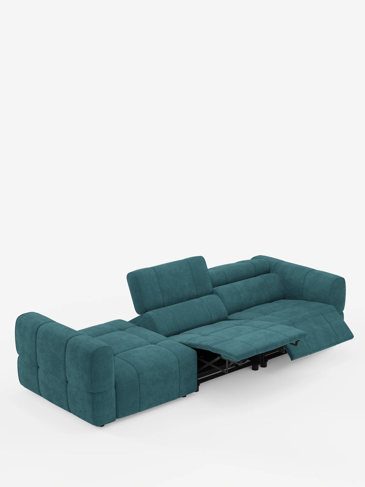 Un divano componibile Giotto color verde acqua con terminale aperto – opzione relax elettrico in tessuto smacchiabile T23 con trama in rilievo su sfondo bianco, dotato di poggiapiedi allungato e poggiatesta regolabile che lascia intravedere la struttura meccanica nera.