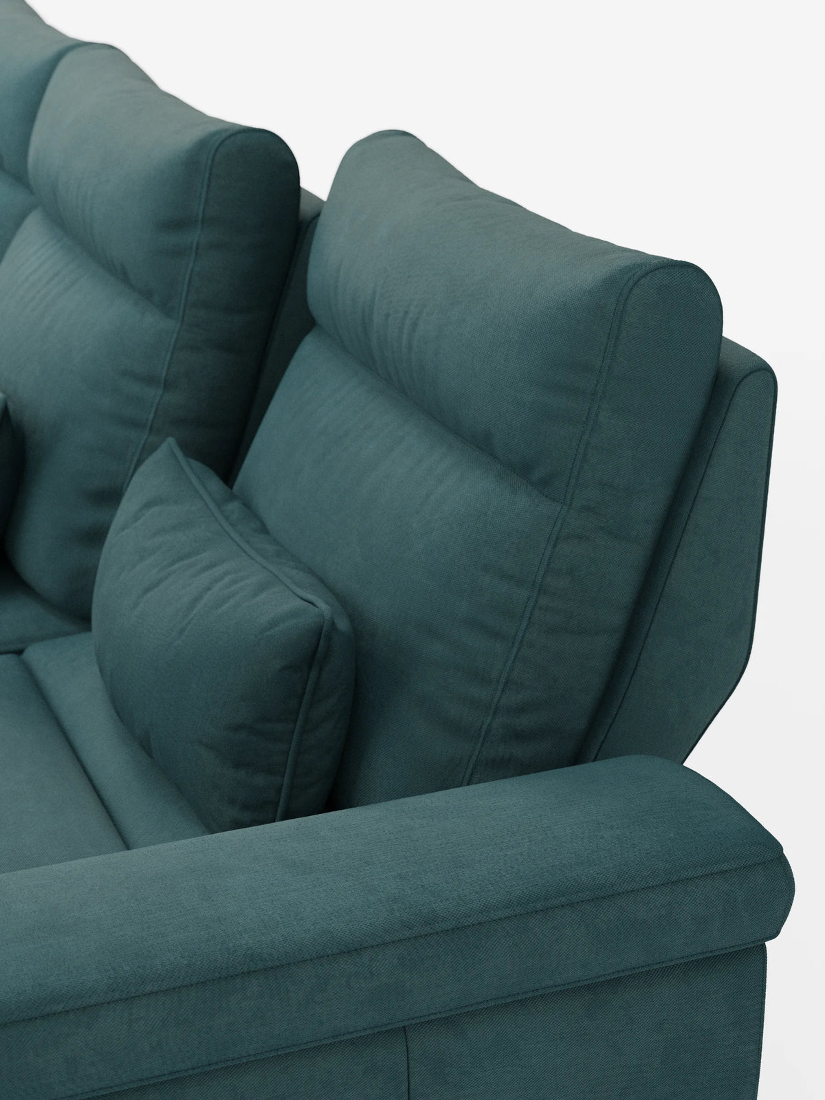 Un primo piano di un divano letto angolare Ischia color verde acqua con schienali regolabili, caratterizzato da cuscini spessi e testurizzati e da un cuscino decorativo abbinato, su uno sfondo bianco a tinta unita.