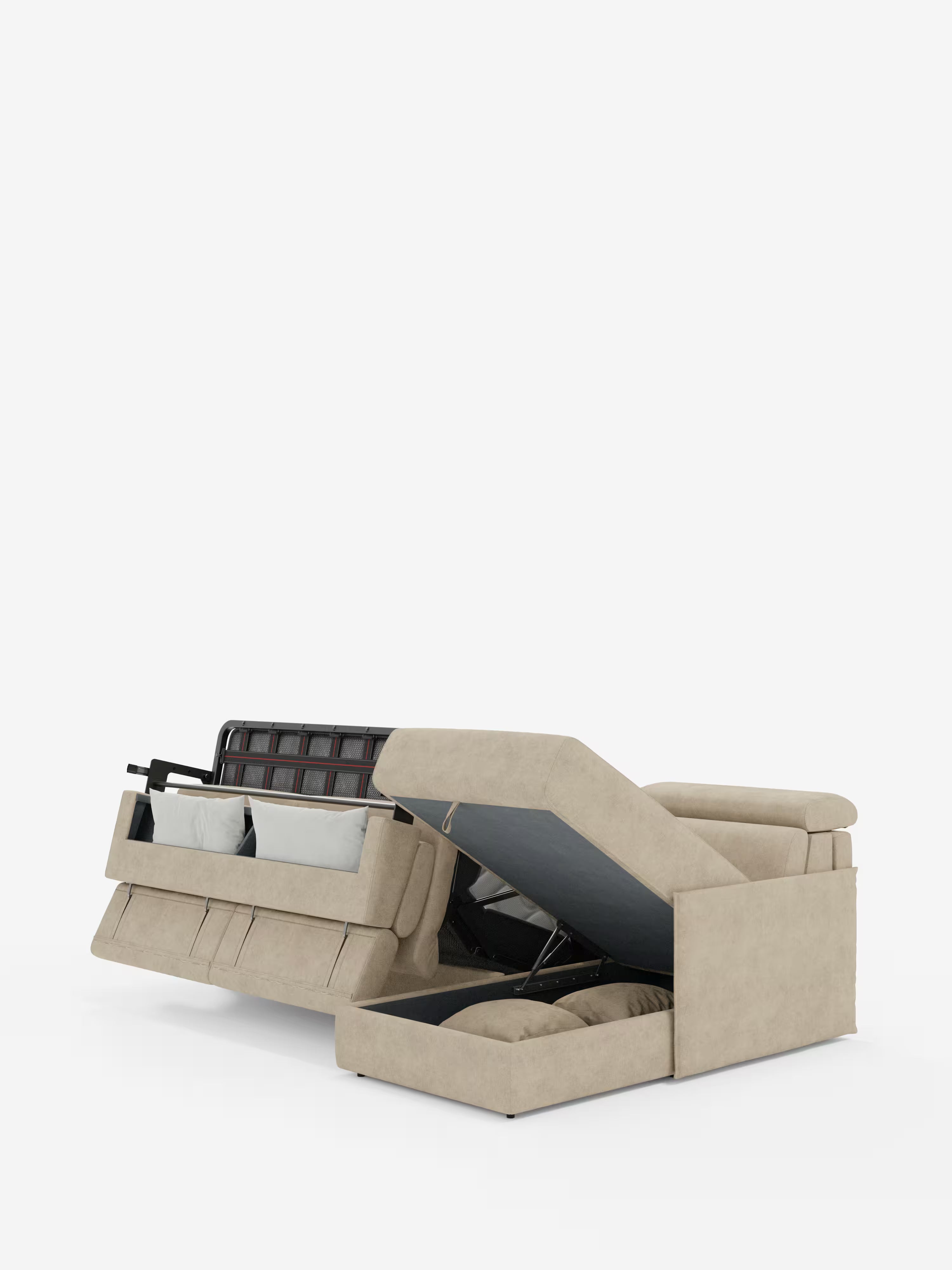 Miryam sofá cama esquinero compacto - reposacabezas reclinables y chaise longue con almacenaje en tejido antimanchas T31