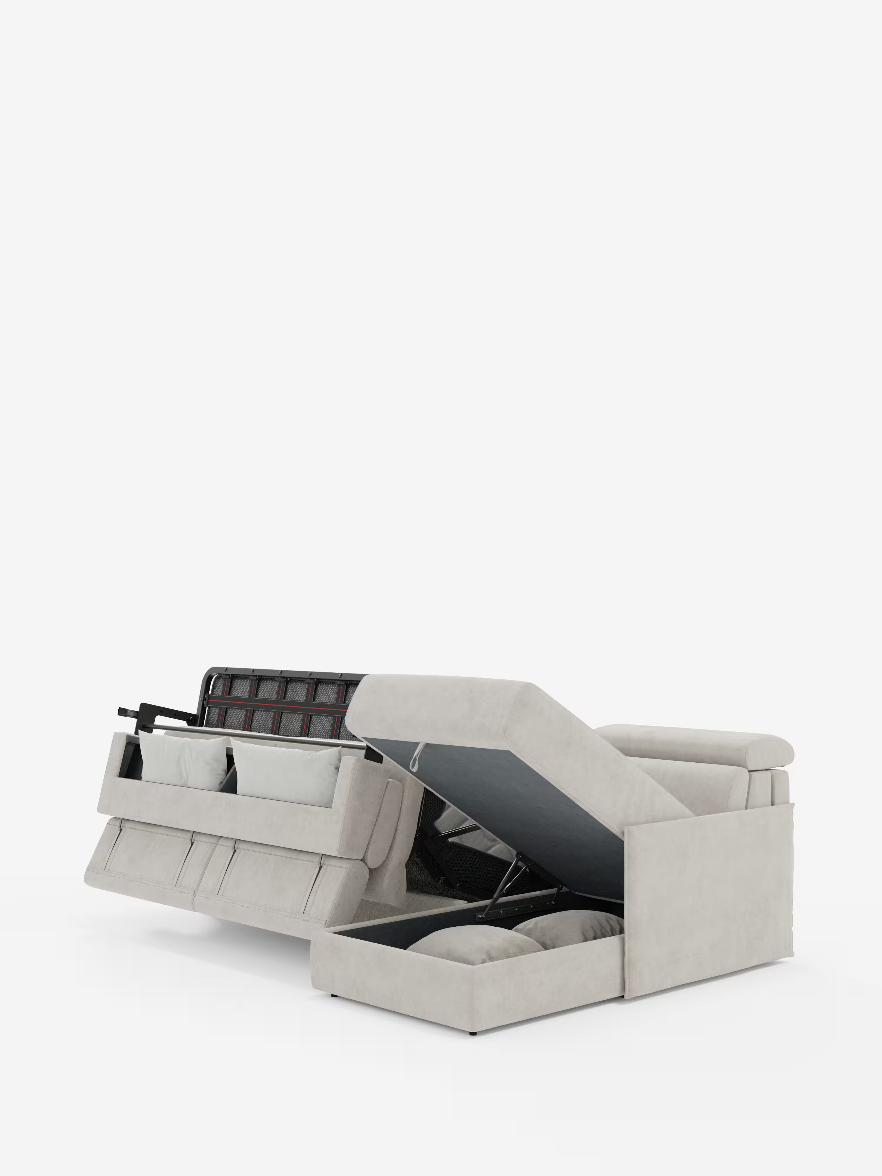 Miryam sofá cama esquinero compacto - reposacabezas reclinables y chaise longue con almacenaje en tejido antimanchas T31