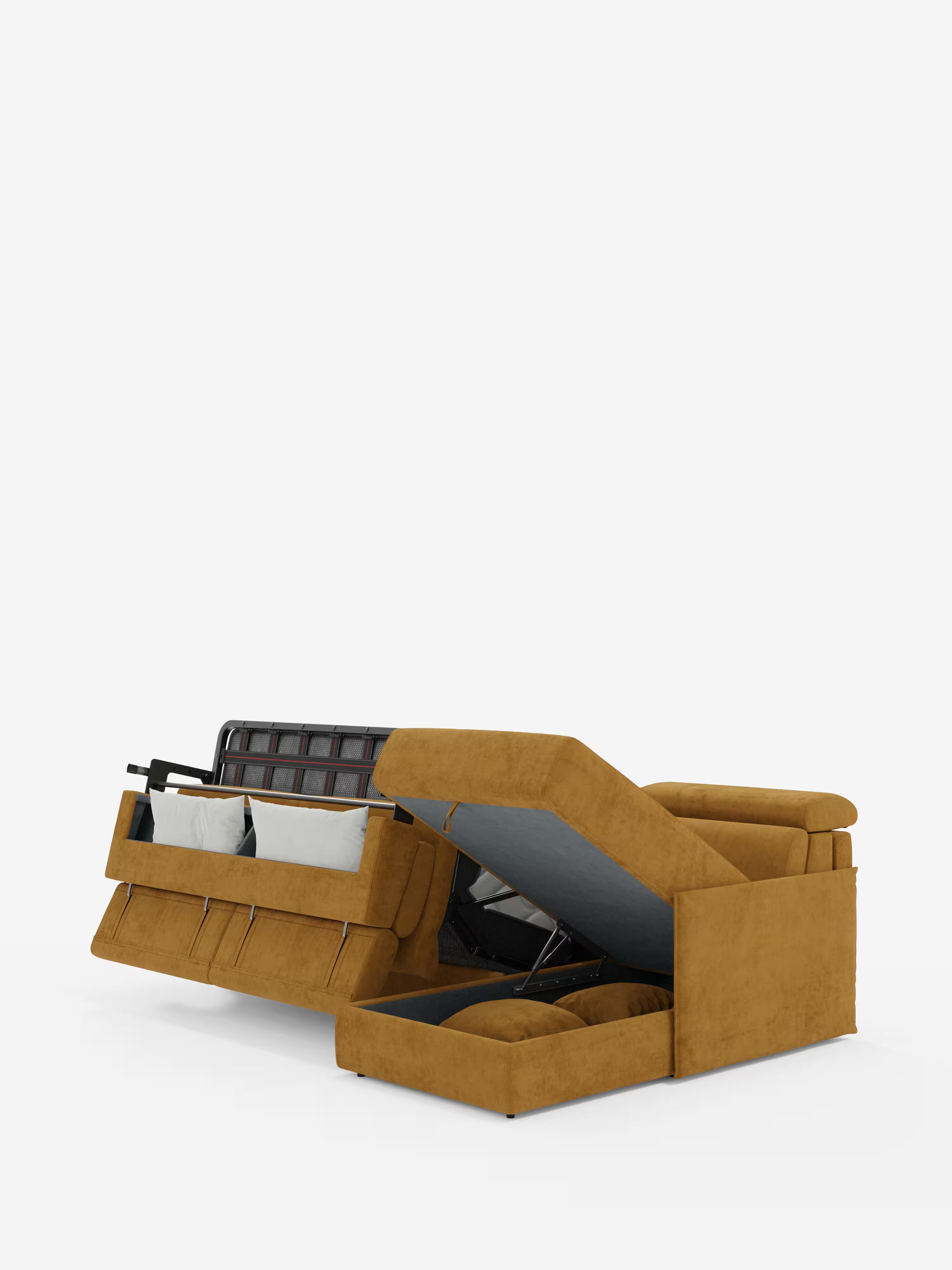 Miryam sofá cama esquinero compacto - reposacabezas reclinables y chaise longue con almacenaje en tejido antimanchas T31