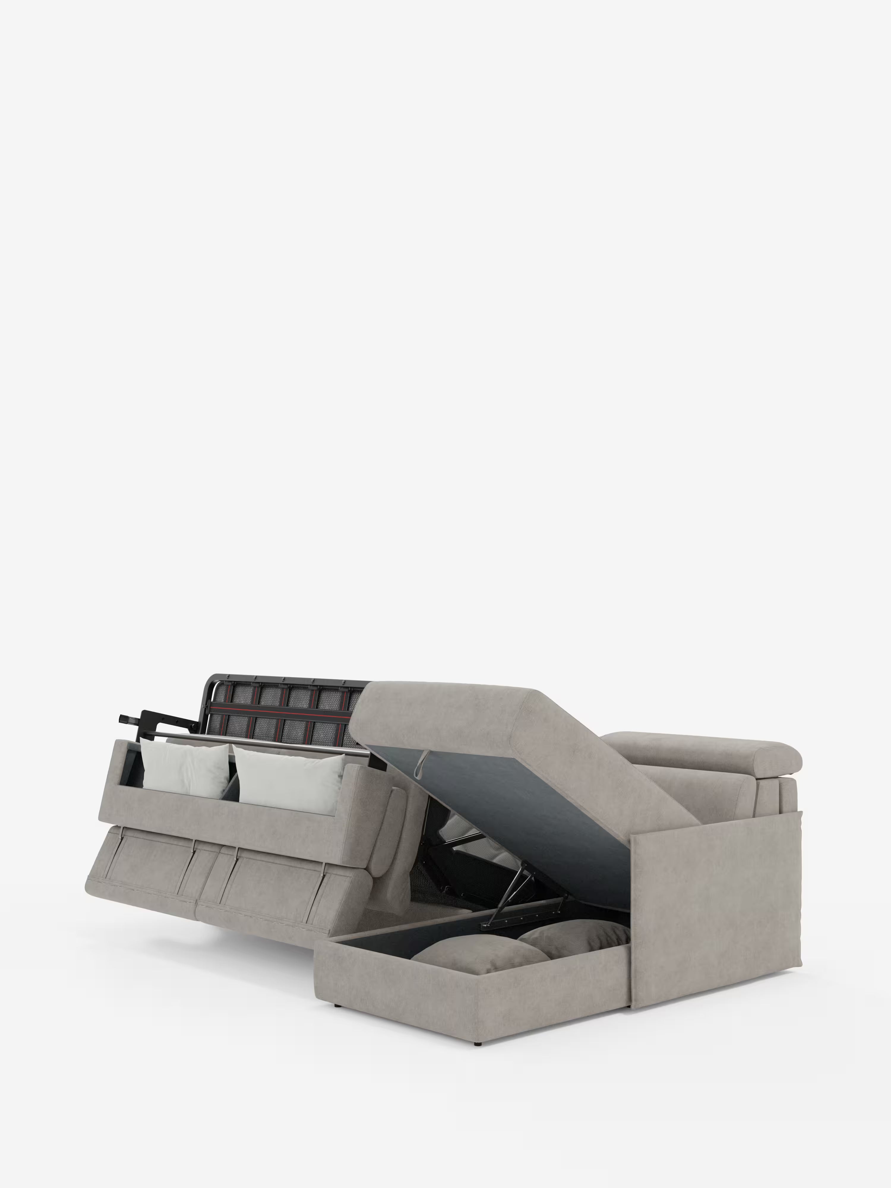 Miryam sofá cama esquinero compacto - reposacabezas reclinables y chaise longue con almacenaje en tejido antimanchas T31