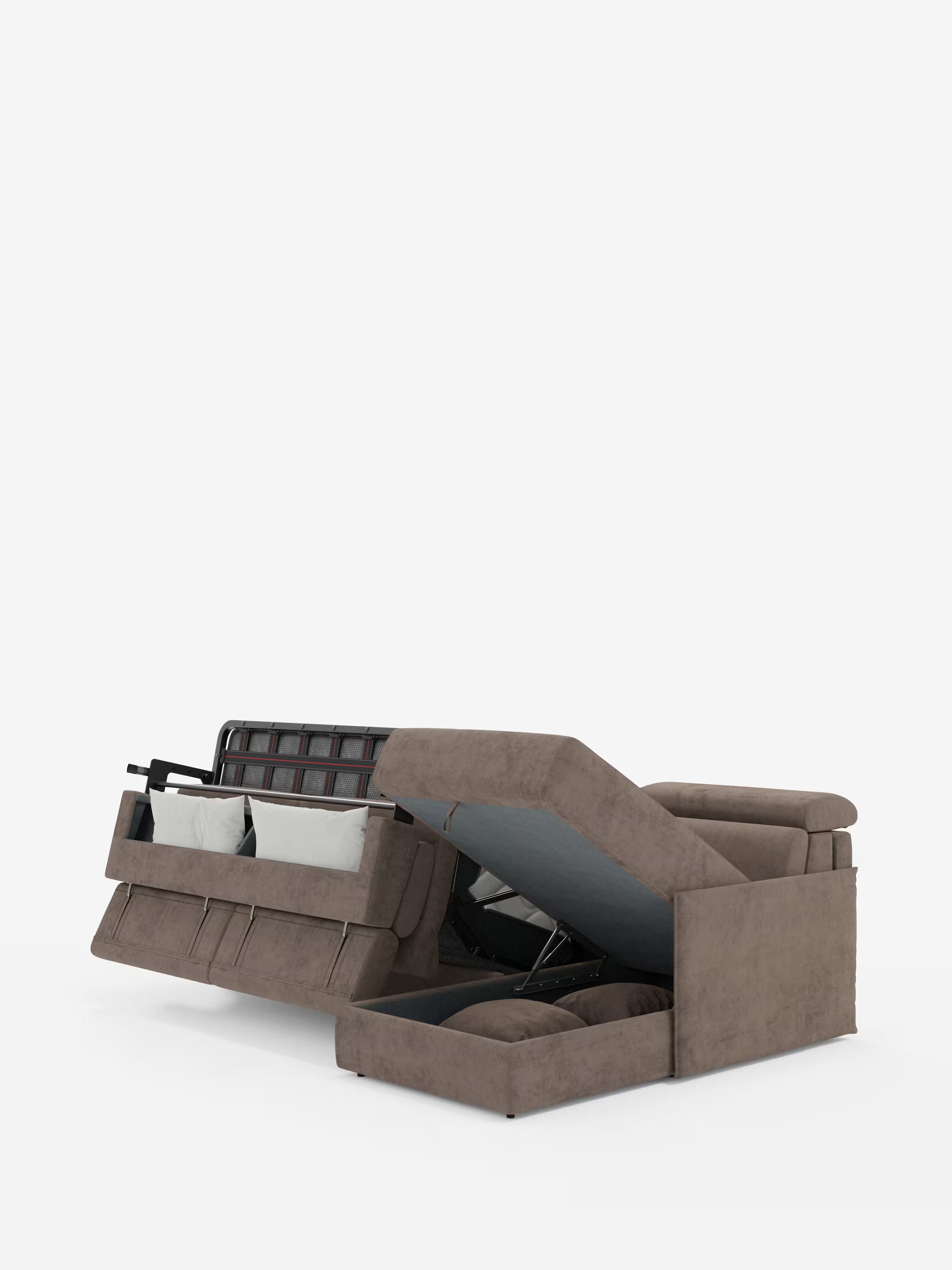 Miryam sofá cama esquinero compacto - reposacabezas reclinables y chaise longue con almacenaje en tejido antimanchas T31