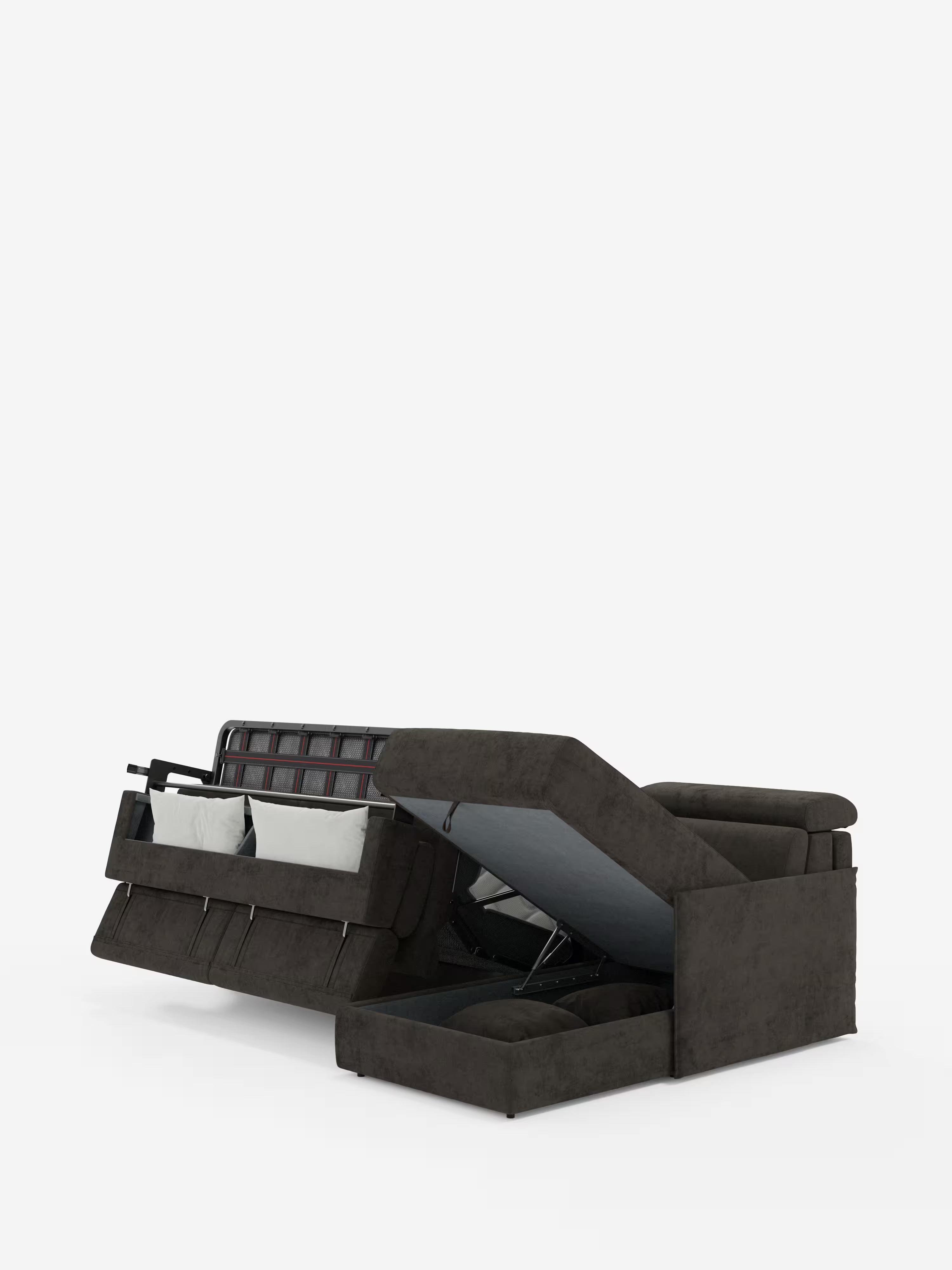 Miryam sofá cama esquinero compacto - reposacabezas reclinables y chaise longue con almacenaje en tejido antimanchas T31