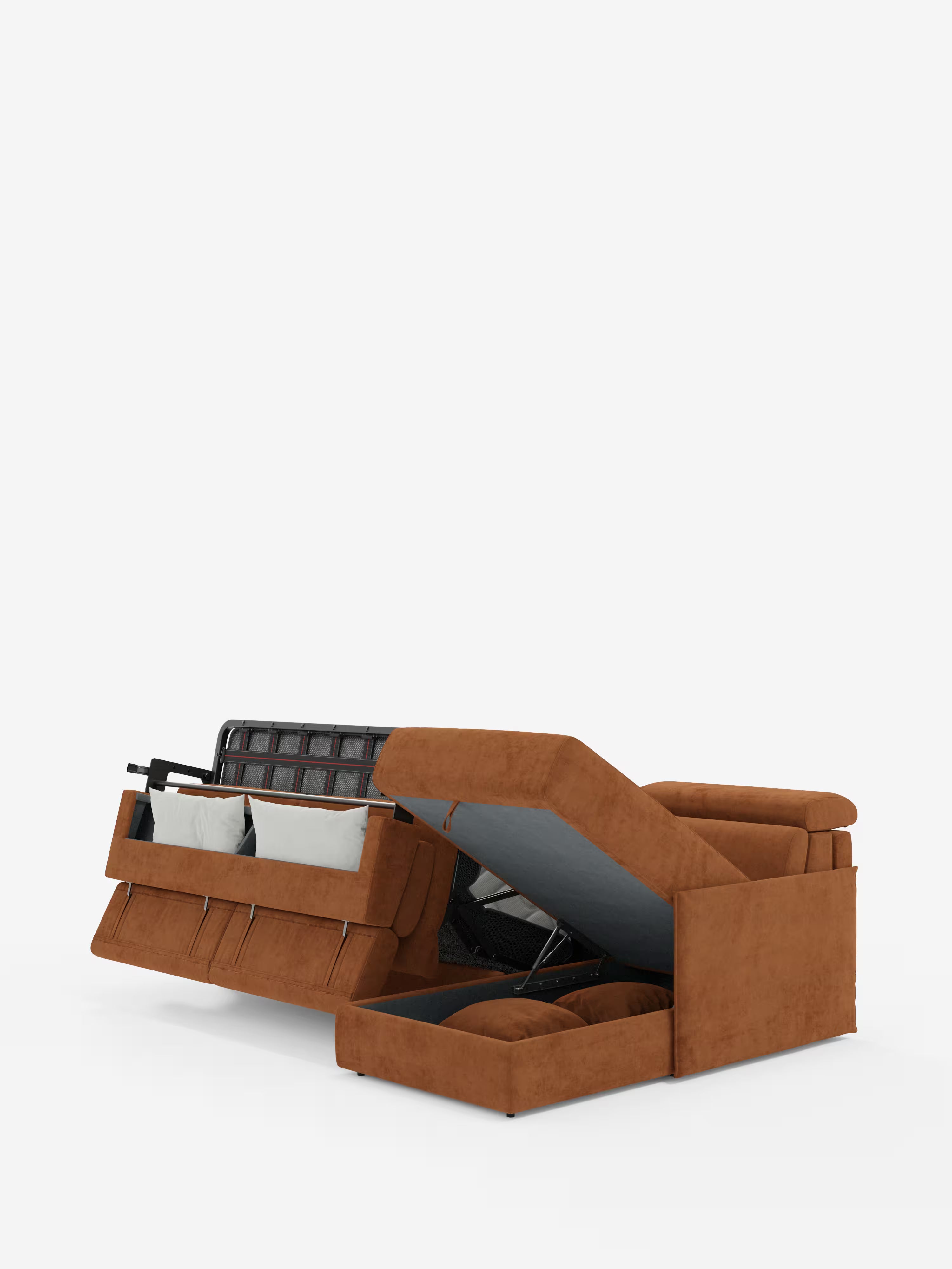 Miryam sofá cama esquinero compacto - reposacabezas reclinables y chaise longue con almacenaje en tejido antimanchas T31