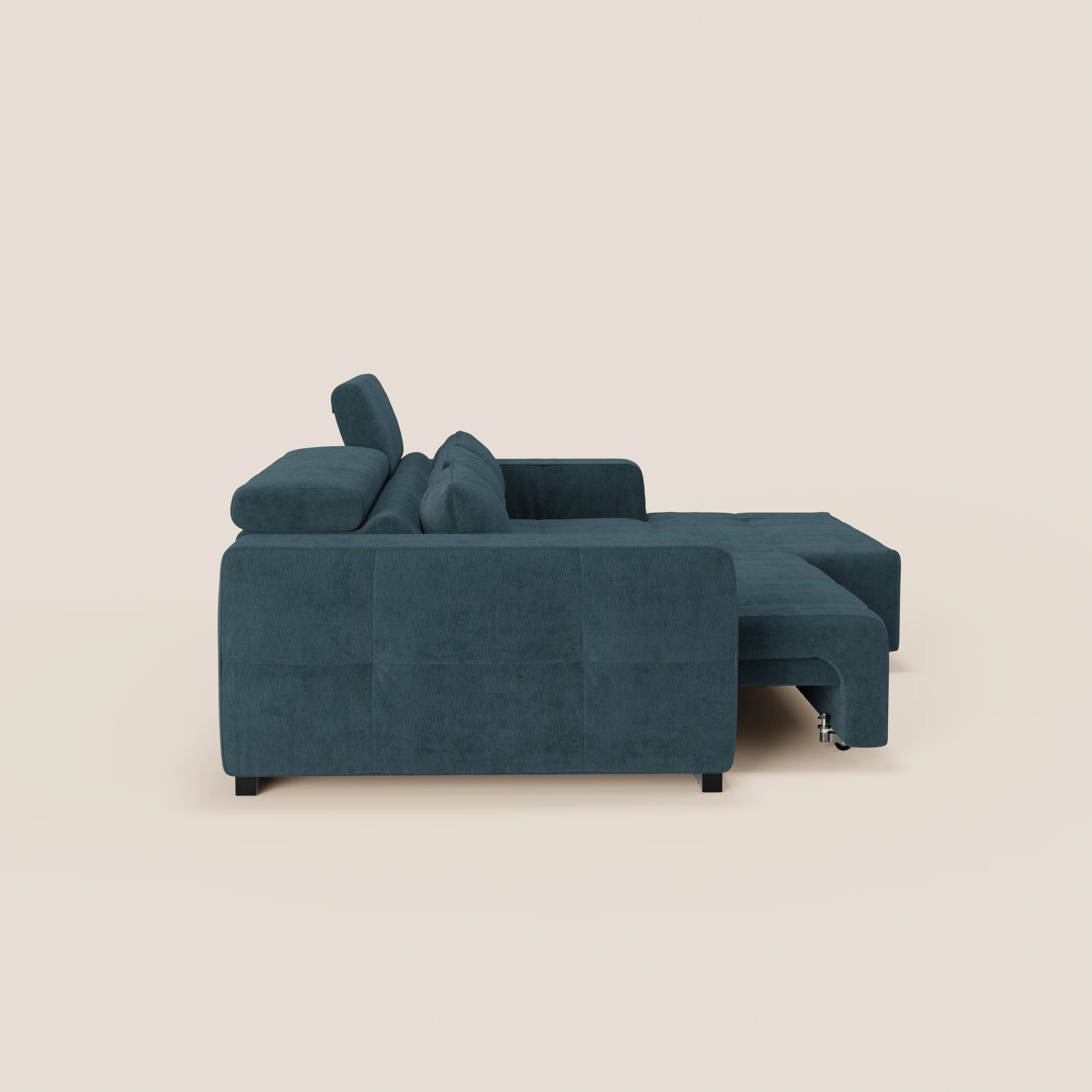 Monarch Divano angolare con penisola e Relax Elettrico per allungamento sedute - Poggiatesta Reclinabili in tessuto morbido smacchiabile T31 - divani.store