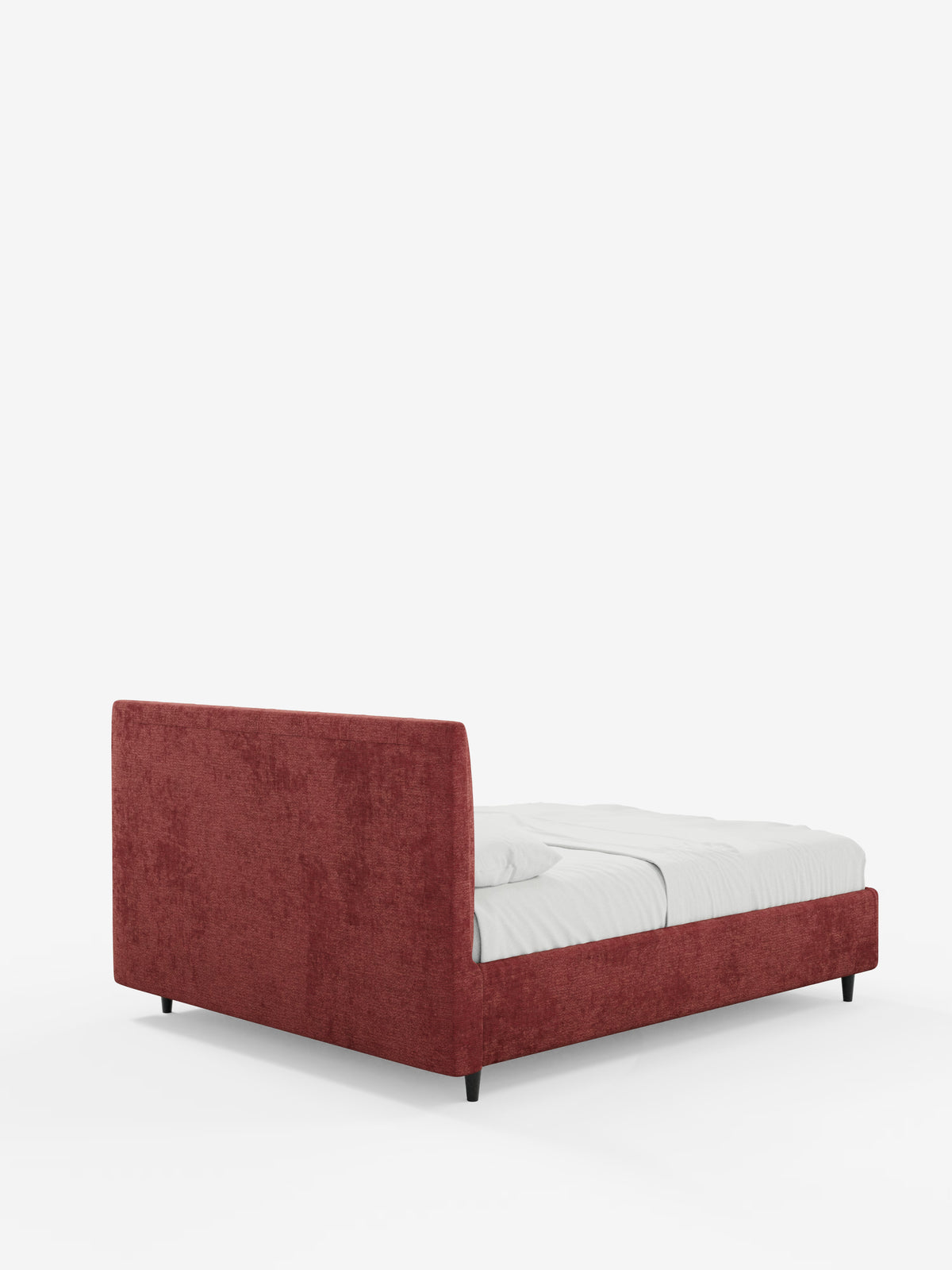 Il letto imbottito ONYX con contenitore e testiera verticale in tessuto certificato Oeko-Tex® di Letti.store è qui presentato con un rivestimento rosso vivace, caratterizzato da una testiera bassa e diritta imbottita e da sponde laterali, eleganti gambe nere e un materasso bianco ben rifinito con biancheria da letto essenziale. Il letto è inquadrato su uno sfondo bianco a tinta unita.
