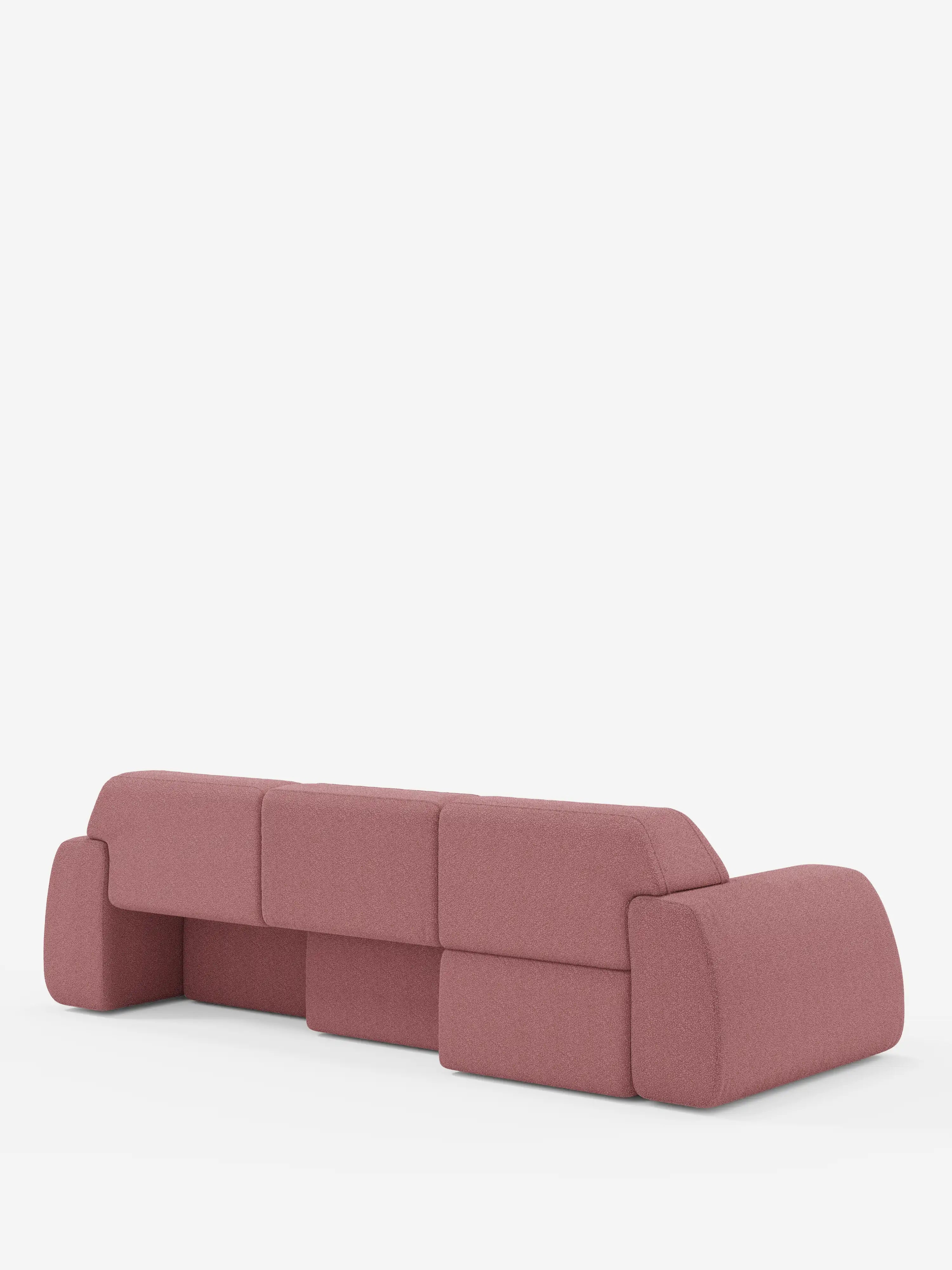 Il divano Orbit con 3 sedute scorrevoli e allungabili di Divani.Store è un divano moderno e minimalista di colore rosa, caratterizzato da ampi braccioli arrotondati e cuscini spessi e squadrati. Realizzato in tessuto smacchiabile effetto cotone T33, offre sedute scorrevoli indipendenti ed è completamente sfoderabile per una facile manutenzione. Con il suo schienale basso e il design geometrico scultoreo, questo divano a 4 posti spicca con eleganza su uno sfondo bianco a tinta unita.