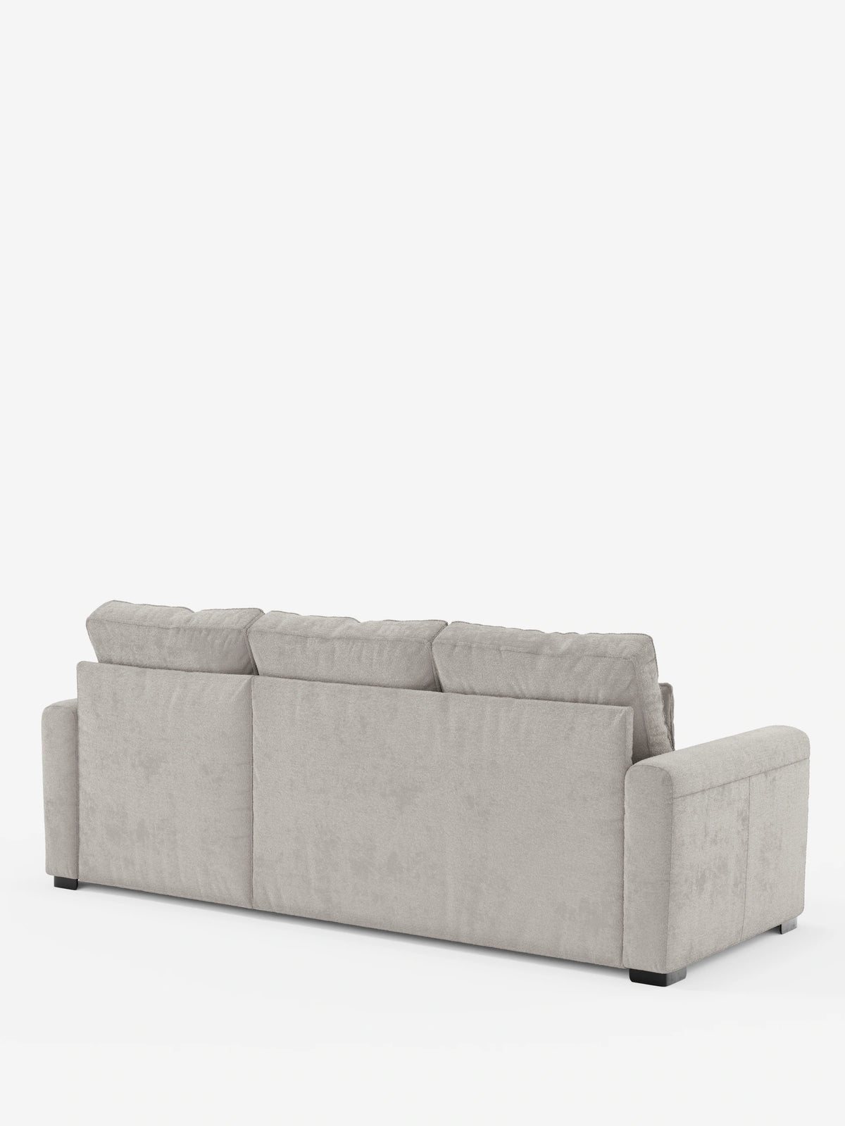Vista posteriore di un divano letto Ottaviano grigio chiaro con letto estraibile – penisola reversibile e contenitore in tessuto materico smacchiabile, caratterizzato da una finitura testurizzata, tre morbidi cuscini dello schienale e braccioli bassi su piedini massicci di colore scuro.