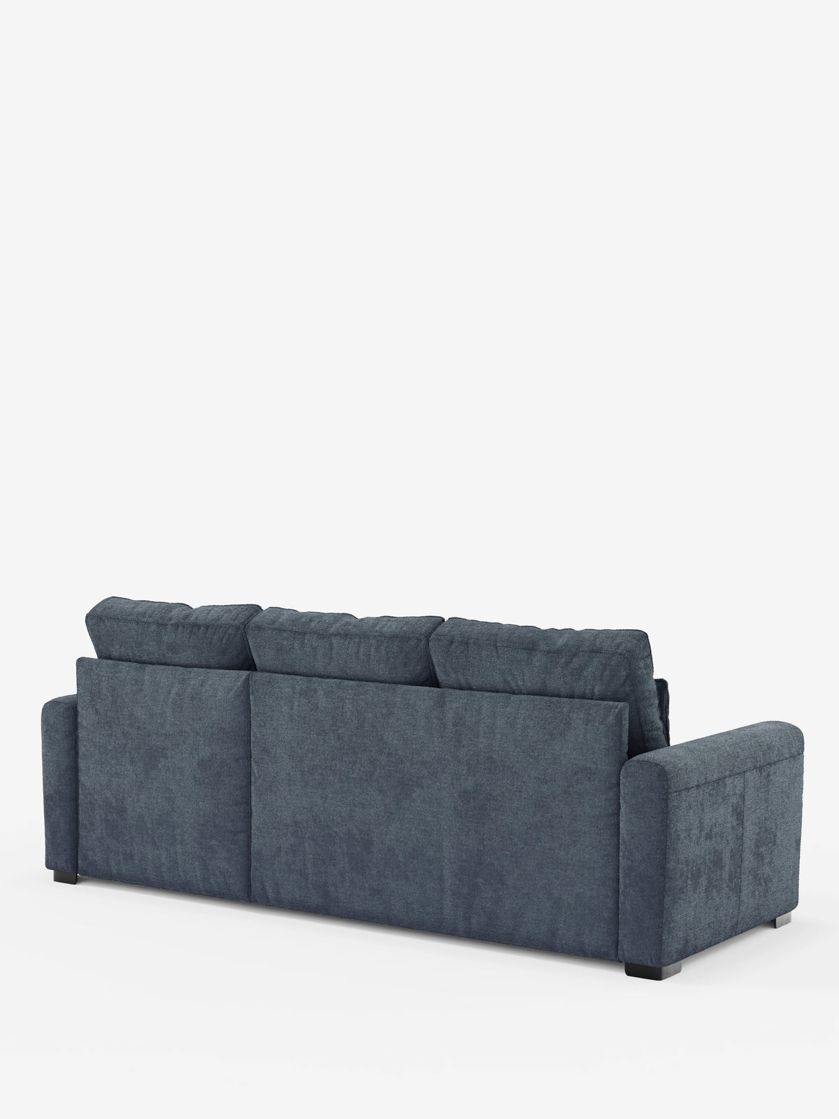 Vista posteriore di un divano letto Ottaviano blu scuro con letto estraibile – penisola reversibile e contenitore in tessuto materico smacchiabile, caratterizzato da tre morbidi cuscini dello schienale, braccioli dritti e un design minimalista su piedini bassi di colore scuro.
