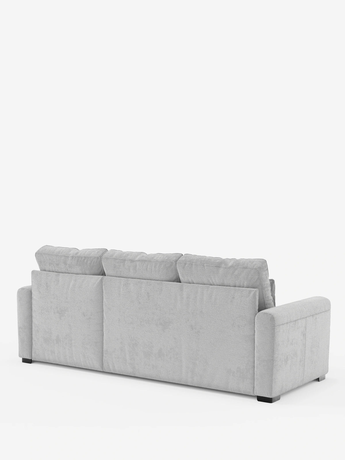 Un divano letto Ottaviano grigio chiaro con letto estraibile – penisola reversibile e contenitore in tessuto materico smacchiabile, visto da dietro, caratterizzato da tre morbidi cuscini, braccioli a binario e gambe a blocco scure.