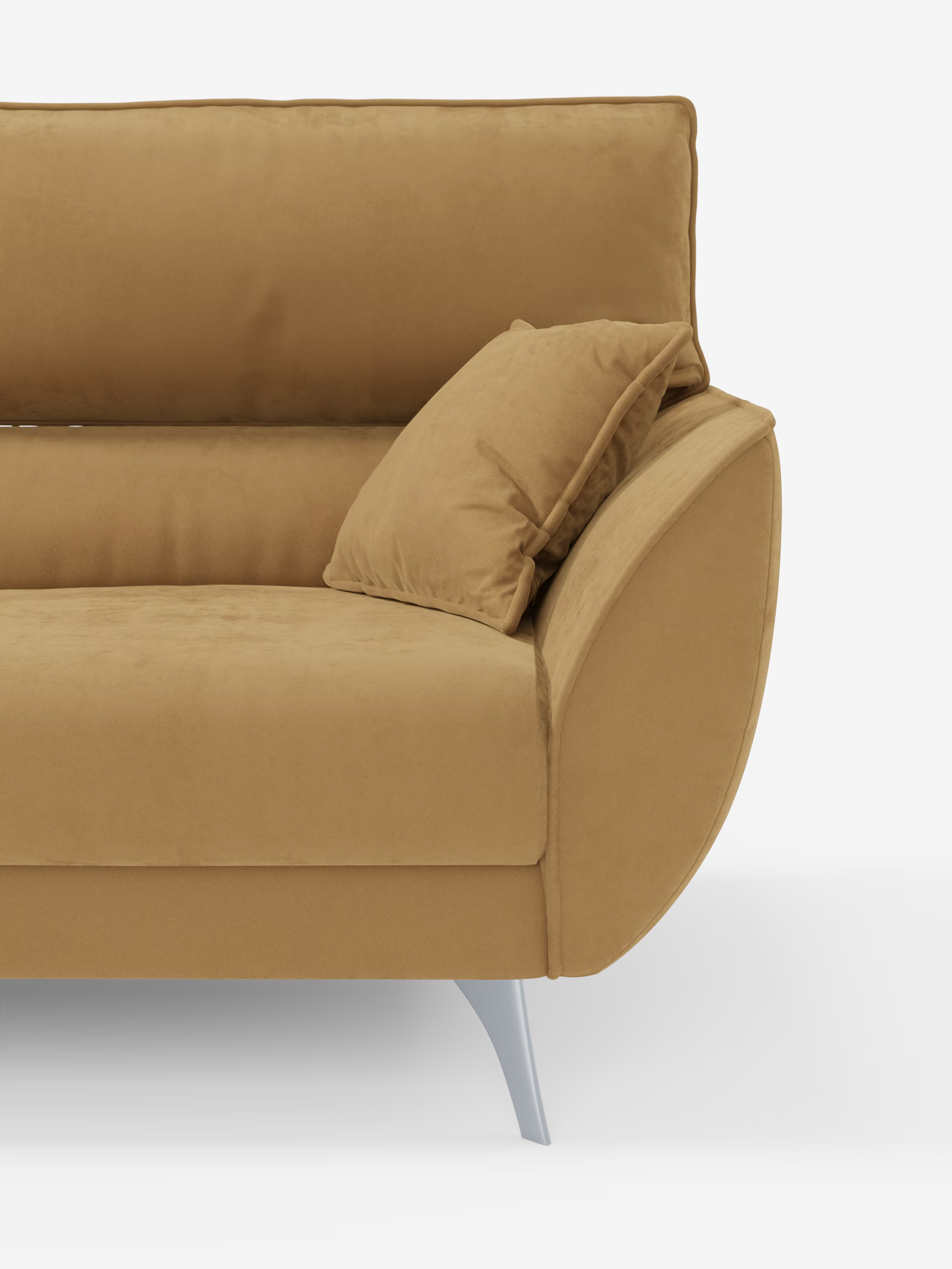 Primo piano del lato destro del divano Michelangelo 4 Posti di Divani.Store, un divano moderno rivestito in elegante tessuto vellutino T30 resistente alle macchie, che presenta tre sedute estensibili per un comfort maggiore, un cuscino angolare abbinato, braccioli arrotondati e un'elegante gamba in metallo argentato su uno sfondo bianco a tinta unita.