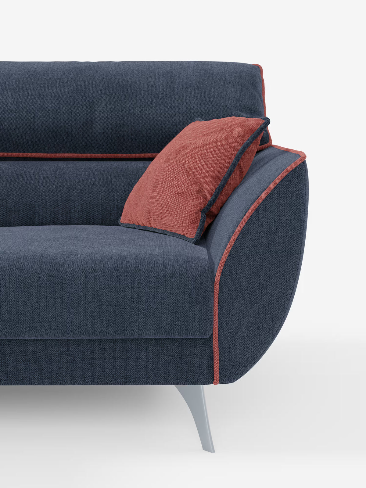 Il divano Michelangelo a 2 e 3 posti con sedute allungabili e poggiatesta reclinabili di Divani.Store è un moderno divano bicolore, rivestito in tessuto T23 blu scuro antimacchia e impreziosito da un sottile bordino rosso-arancio. Questo elegante divano moderno è caratterizzato da un unico cuscino decorativo rosso-arancio appoggiato sul bracciolo. Sia il bracciolo che lo schienale presentano bordi lisci e arrotondati, mentre le slanciate gambe grigio chiaro completano il design contemporaneo.