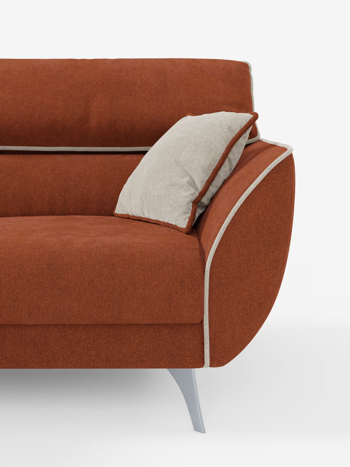 Vi presentiamo il divano Michelangelo a 2 e 3 posti con sedute allungabili e poggiatesta reclinabili di Divani.Store, un moderno divano bicolore rivestito in tessuto T23 smacchiabile color arancio-ruggine con eleganti bordature grigio chiaro. Caratterizzato da eleganti gambe metalliche e da un unico cuscino grigio chiaro appoggiato al bracciolo, di questo divano contemporaneo è visibile solo il lato destro, in risalto su uno sfondo bianco a tinta unita.
