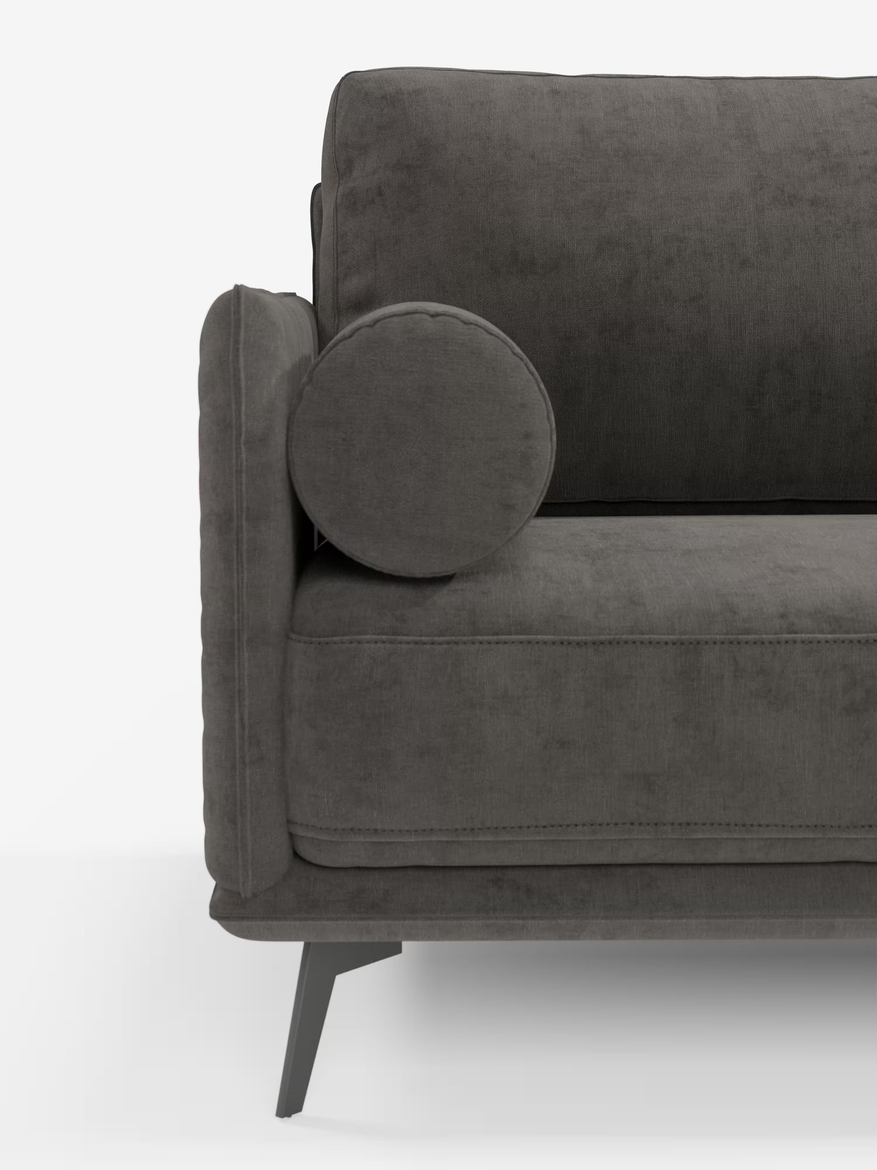 Un divano moderno angolare con penisola "Basalto" di Divani.Store, in grigio scuro, realizzato in Italia con un'elegante base in metallo, tessuto T31 resistente alle macchie, cuscini imbottiti in piuma, gambe angolate, un cuscino rotondo che impreziosisce il bracciolo e un morbido rivestimento quadrato. L’immagine, in stile minimalista su sfondo bianco, mostra solo la metà destra di questo elegante divano italiano.