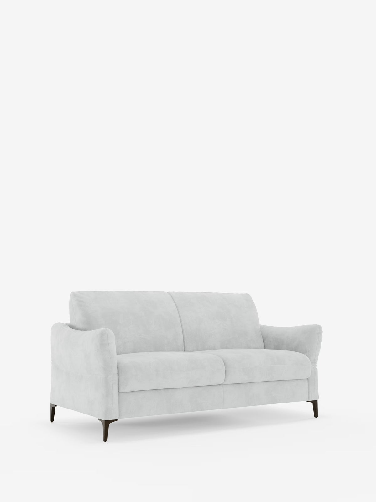 Un divano letto Dalia contemporaneo di colore grigio chiaro, firmato Divani.Store, rivestito in tessuto T30 moderno, resistente alle macchie e dalla consistenza simile al velluto, caratterizzato da morbidi braccioli curvi, due cuscini di seduta e sottili gambe affusolate in legno scuro. Il divano scandinavo è raffigurato su uno sfondo bianco a tinta unita.