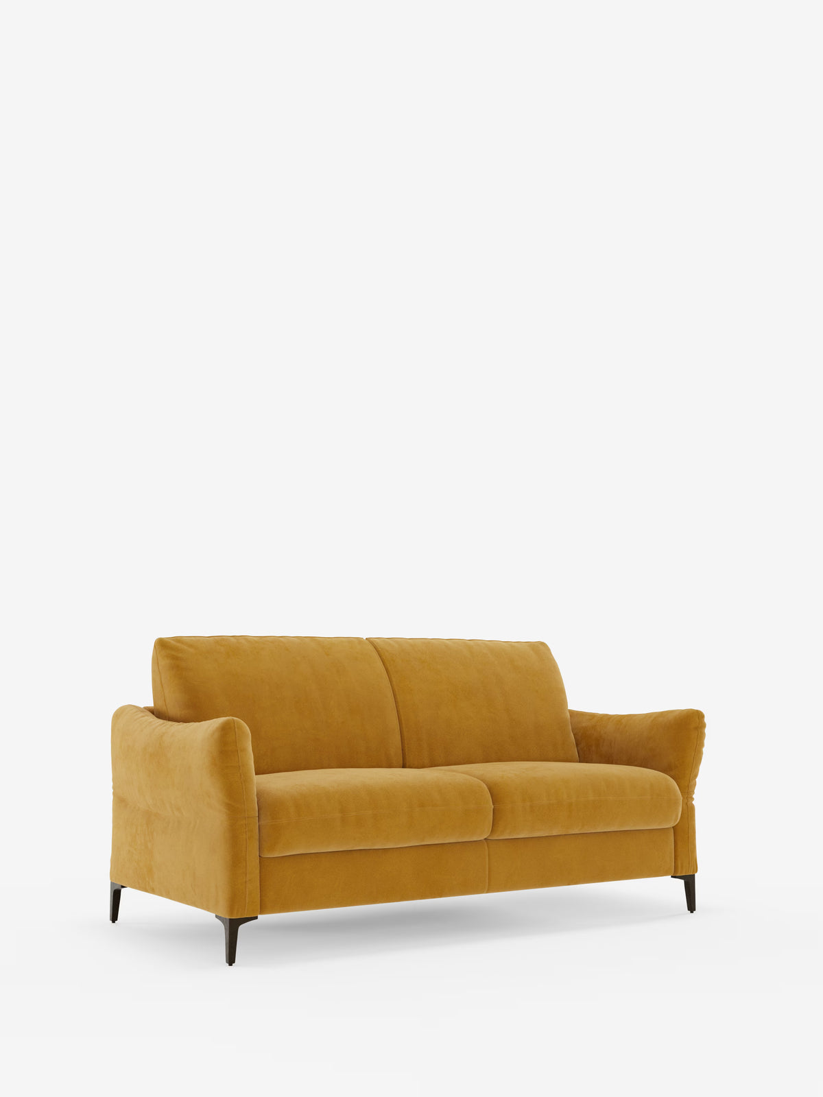 L'elegante divano letto Dalia di Divani.Store, qui raffigurato in giallo senape, è realizzato in moderno velluto smacchiabile T30, presenta due cuscini di seduta, braccioli leggermente inclinati e quattro sottili gambe nere. Questo elegante divano letto offre un comfort e un sostegno eccezionali grazie al suo materasso alto 18 cm (materasso H18) ed è fotografato su uno sfondo bianco a tinta unita.