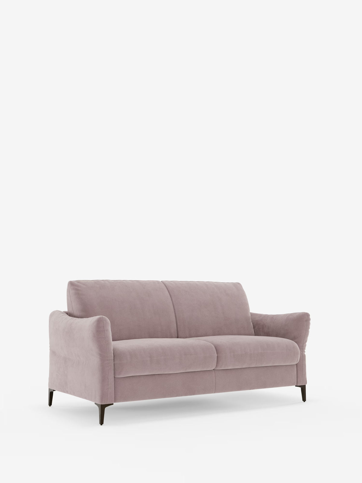Su uno sfondo bianco semplice spicca il divano letto Dalia di Divani.Store, un moderno divano letto in stile scandinavo disponibile nelle versioni a 2, 3 o 4 posti. Rivestito in velluto T30 color malva chiaro, facile da pulire, presenta braccioli ricurvi e gambe affusolate nere. I morbidi cuscini dello schienale e della seduta garantiscono il massimo comfort, mentre il design minimalista conferisce un tocco di eleganza. Il divano include anche un materasso H18 per un utilizzo versatile.