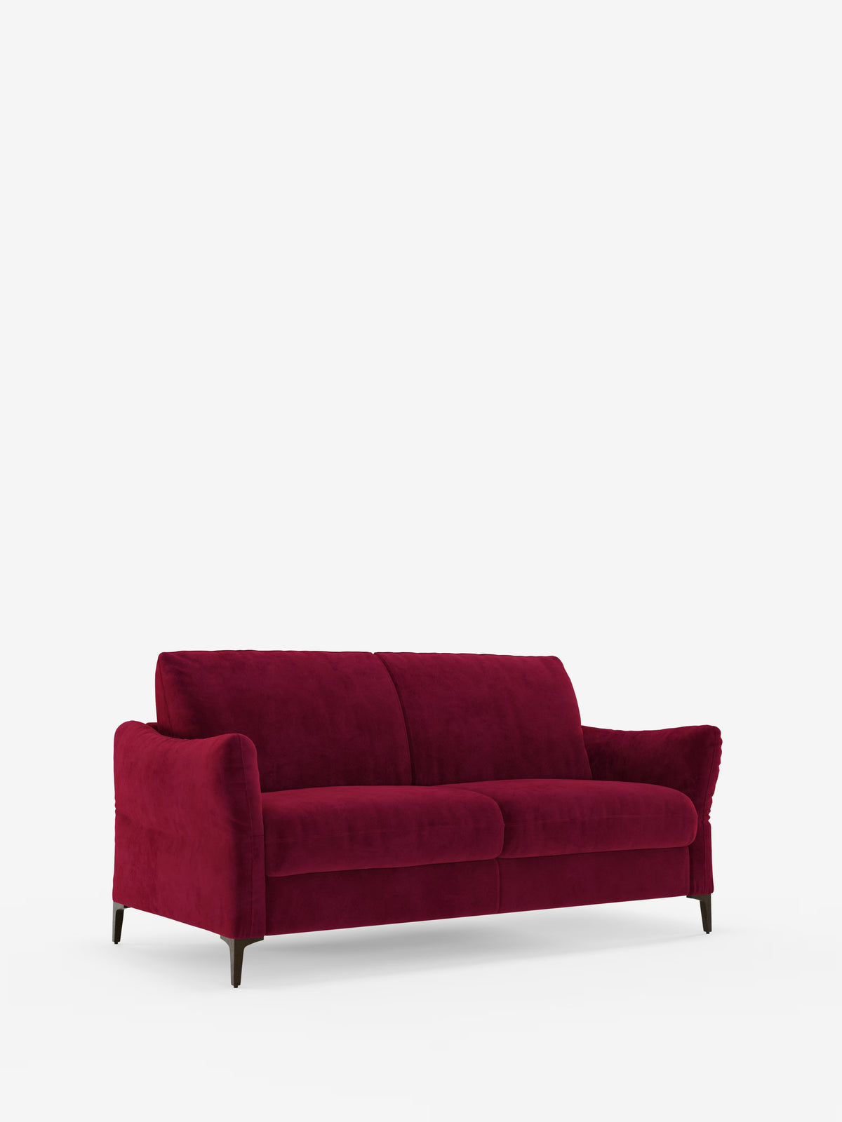 Vi presentiamo il divano letto Dalia a 2, 3 e 4 posti di Divani.Store: un moderno divano letto rivestito in vellutino T30 rosso intenso, resistente alle macchie. Caratterizzato da morbidi cuscini, braccioli leggermente ricurvi e quattro slanciate gambe in legno scuro, questo elegante complemento d’arredo è dotato di un comodo materasso H18 per notti di sonno ristoratore e risalta magnificamente su uno sfondo bianco a tinta unita.