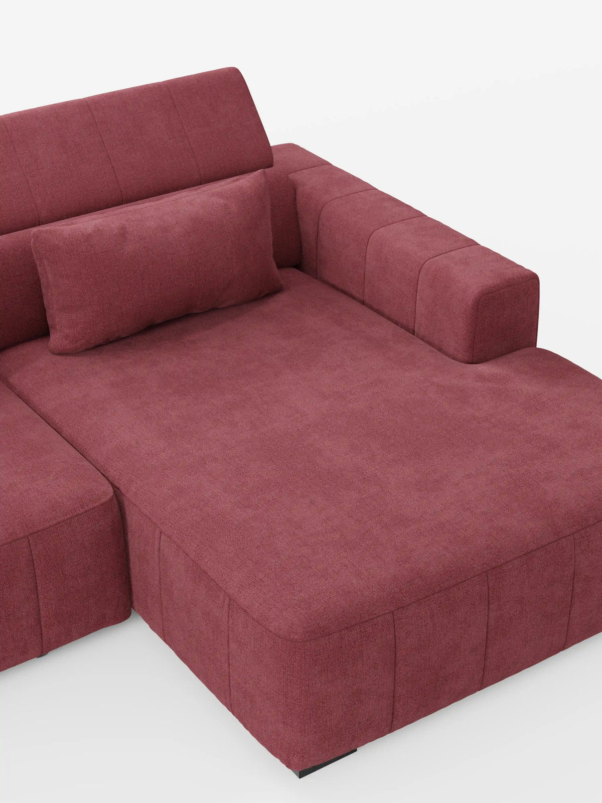 Il divano angolare Doric con penisola e sedute allungabili con funzione relax elettrica di Divani.Store è realizzato in tessuto T23 rosso tenue e resistente alle macchie. È dotato di una spaziosa sezione chaise longue, di un bracciolo destro e di un cuscino rettangolare abbinato. Il rivestimento testurizzato e i cuscini di seduta spessi e morbidi sono completati da poggiatesta regolabili per un maggiore comfort, il tutto su uno sfondo bianco a tinta unita.
