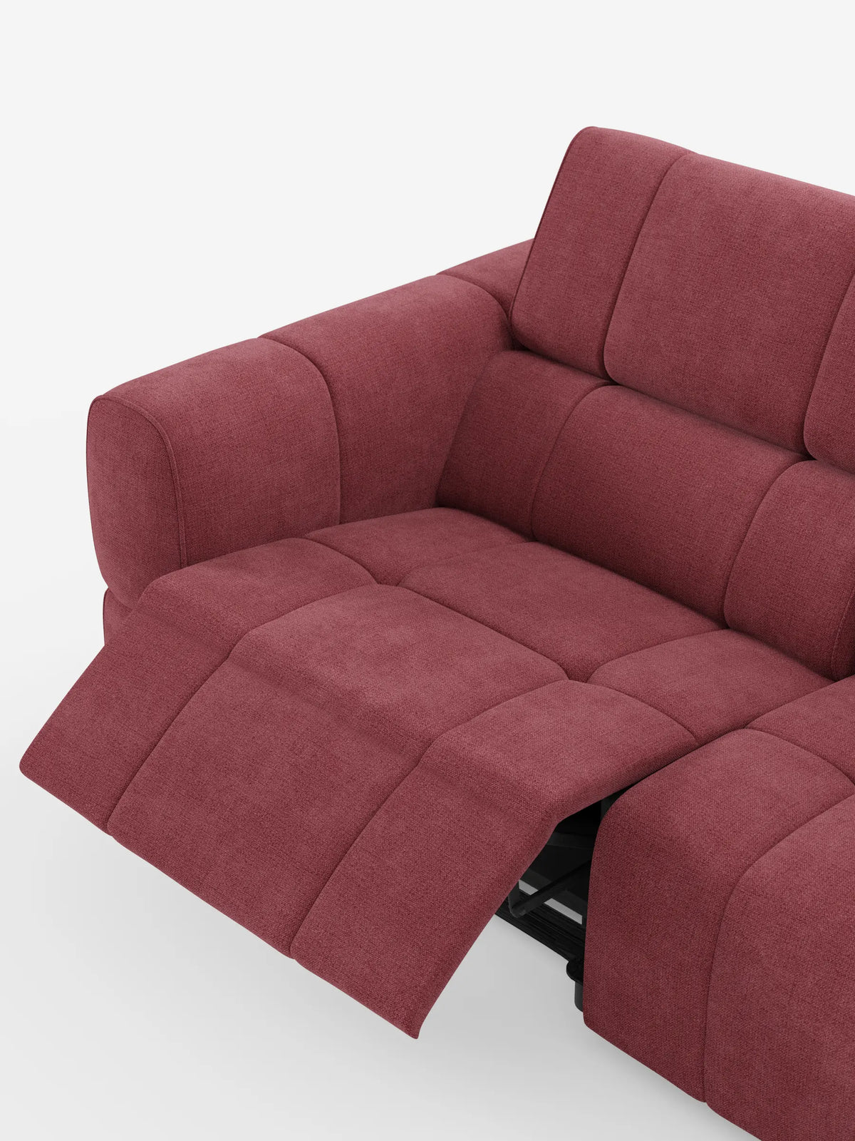 Un divano modulare Giotto a 3 posti, con poggiatesta reclinabili e funzione relax elettrica opzionale, rivestito in tessuto smacchiabile T23 color rosa scuro, ripreso da un'angolazione dall'alto con i poggiatesta regolabili e il poggiapiedi esteso su uno sfondo bianco.