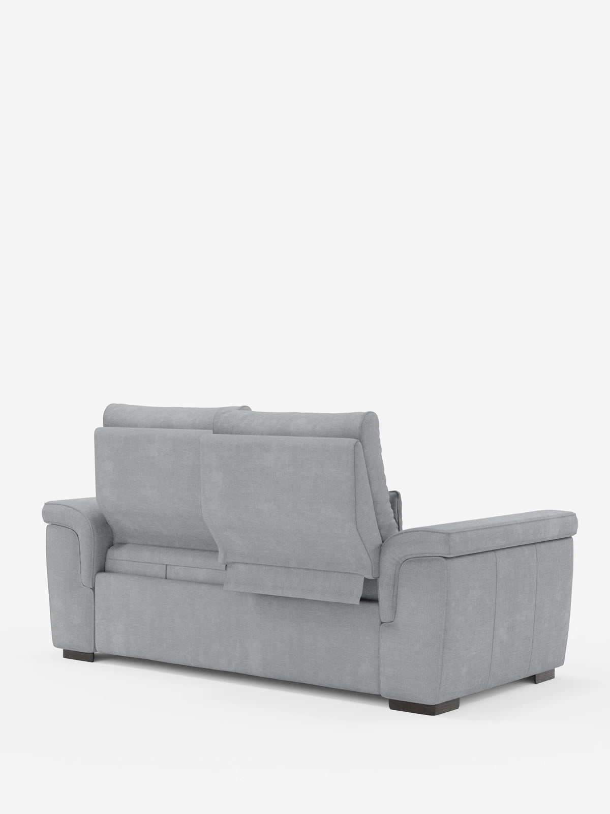 Vista posteriore di un divano Ischia a 3 posti color grigio chiaro con pouf estraibile e schienali traslanti in tessuto misto lino smacchiabile, caratterizzato da due schienali regolabili e da una finitura in tessuto testurizzato su fondo bianco.
