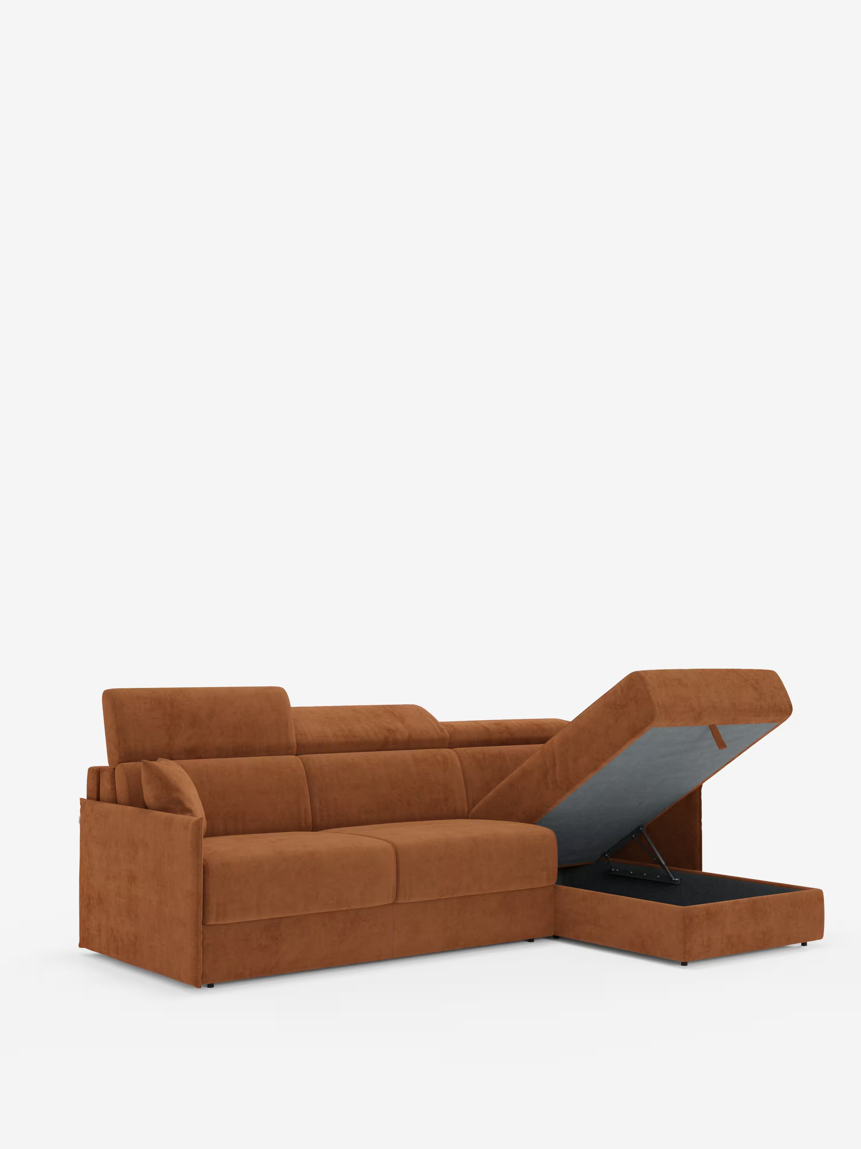 Miryam sofá cama esquinero compacto - reposacabezas reclinables y chaise longue con almacenaje en tejido antimanchas T31