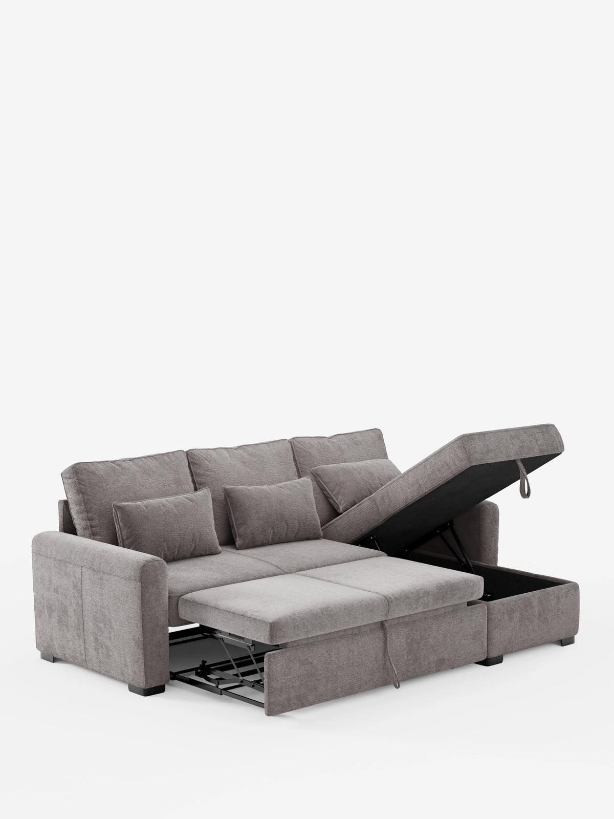 Un divano letto Ottaviano grigio con letto estraibile, penisola reversibile e contenitore in tessuto materico smacchiabile; divano componibile con letto estraibile, chaise longue con contenitore e tre cuscini dello schienale su uno sfondo neutro chiaro.