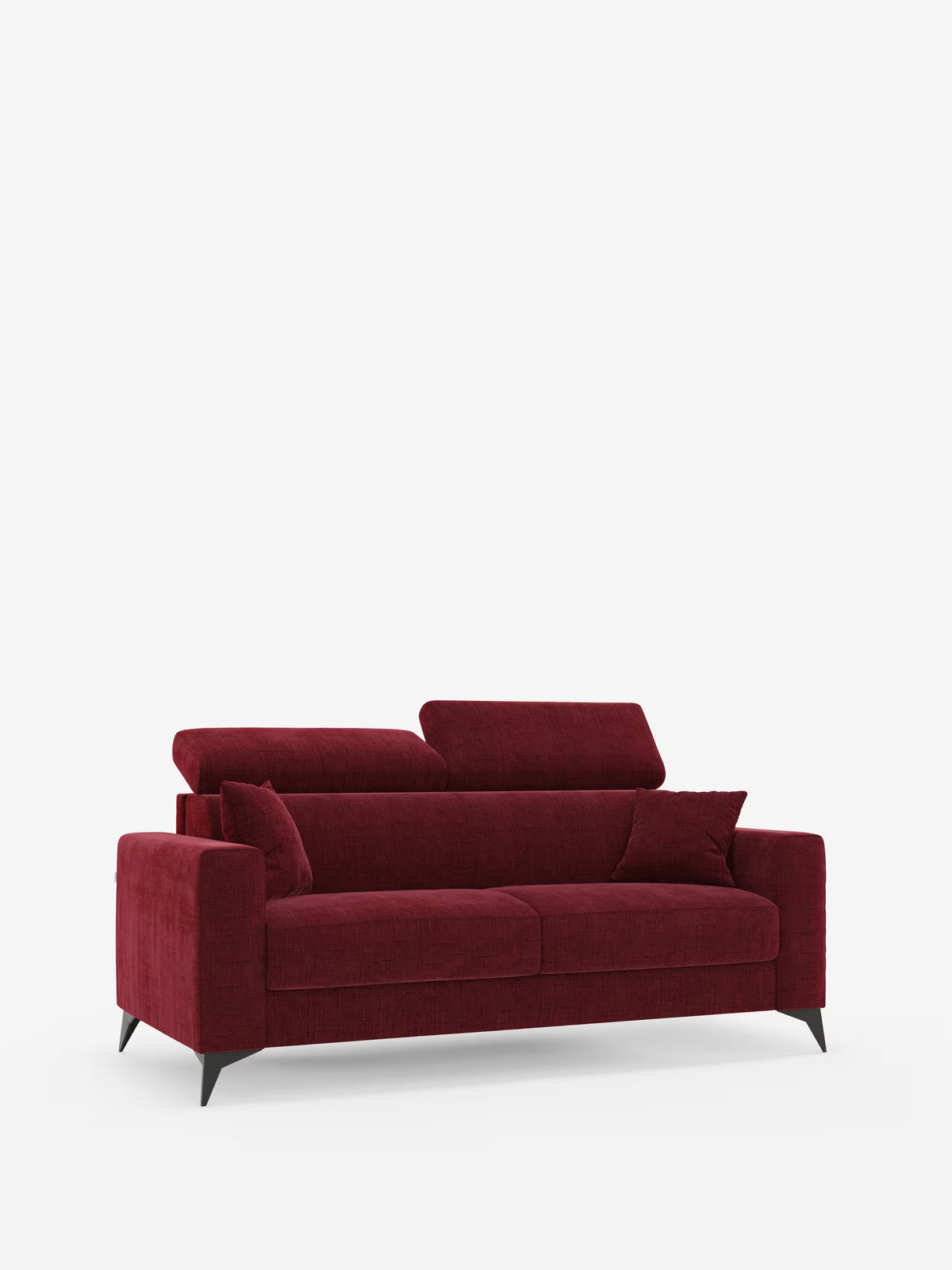 Un divano letto matrimoniale Pegaso in stile contemporaneo di Divani.Store, rivestito in tessuto jacquard T22 rosso intenso e resistente alle macchie, è dotato di poggiatesta regolabili, due cuscini coordinati, braccioli rettangolari e gambe angolate nere, il tutto messo in risalto da uno sfondo bianco a tinta unita.