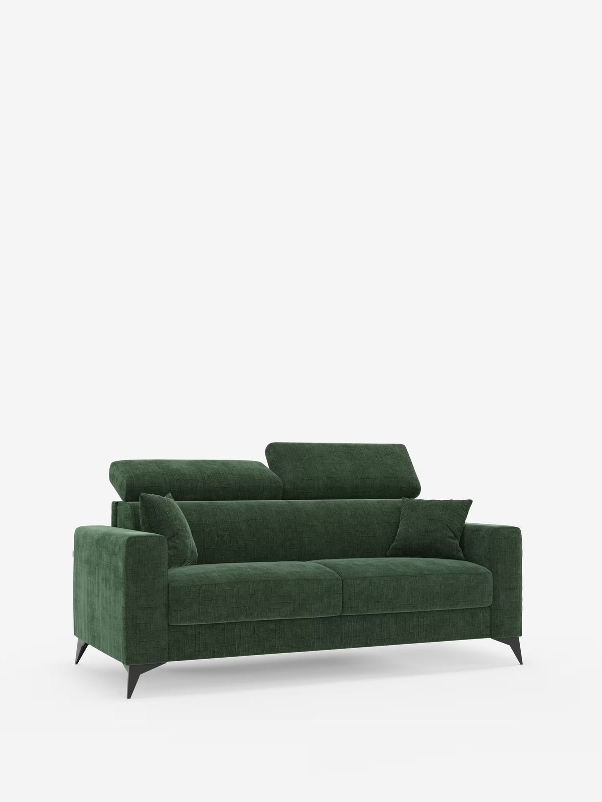 Un moderno divano letto matrimoniale Pegaso di Divani.Store, rivestito in tessuto jacquard smacchiabile T22 di colore verde scuro, è dotato di poggiatesta regolabili, braccioli dritti, sottili gambe nere e viene fornito con due cuscini verdi abbinati. Il divano è esposto su uno sfondo bianco a tinta unita.