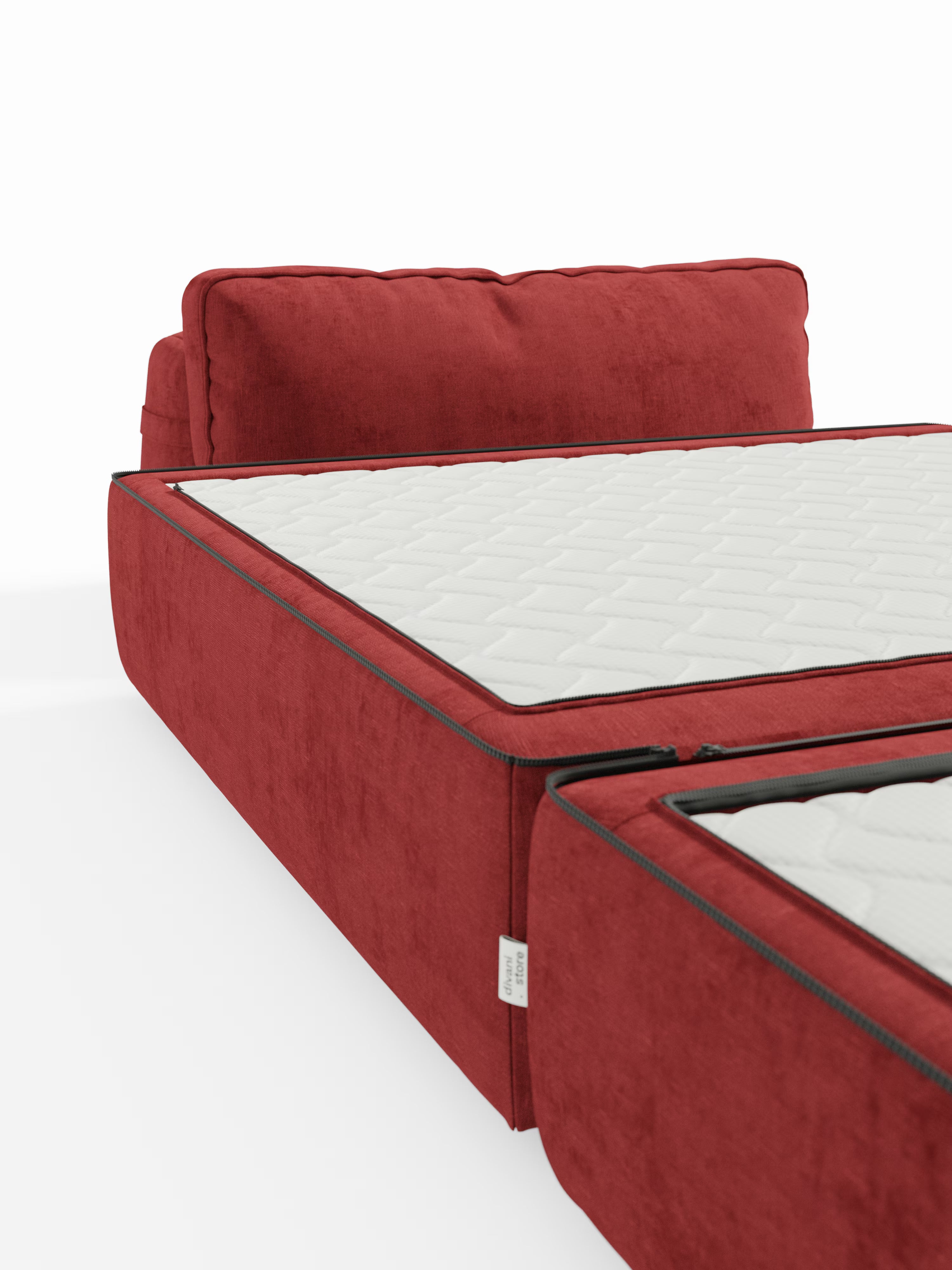 La poltrona letto Rift con materasso alto 22 cm e memory foam di Divani.Store è presentata in un rosso vivace, con schienale mobile e rivestita in tessuto T31 facile da pulire. Mostrato con il materasso esteso per dormire, il divano letto rivela una superficie bianca trapuntata in memory foam incorniciata dal ricco rivestimento rosso. Il design moderno esalta sia il comfort che l’eleganza sullo sfondo bianco a tinta unita.