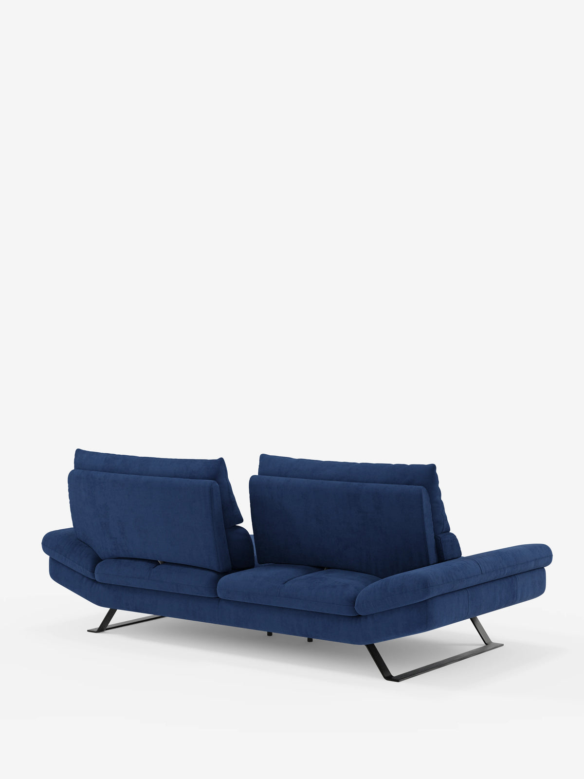Eclipse, divano dal design moderno di Divani.Store, disponibile nella versione a 2 o 3 posti con schienali scorrevoli e piedini alti in metallo nero inclinati, è realizzato in elegante microfibra smacchiabile T11 blu. Ritratto di retro su sfondo bianco, presenta cuscini spessi e morbidi che esaltano il comfort della seduta modulabile. Il suo stile contemporaneo e minimalista lo rende un vero divano di tendenza, adatto a qualsiasi ambiente moderno.