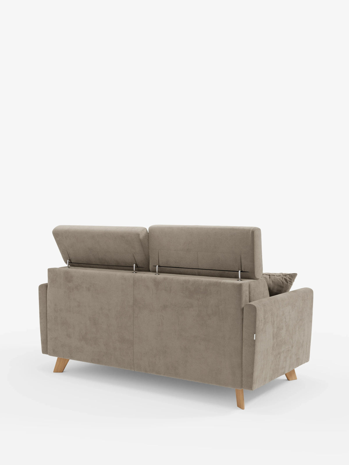 Ecco la frase riscritta utilizzando i dati del tuo prodotto: Il divano letto Francy con poggiatesta regolabili di Divani.Store è raffigurato di retro, rivestito in un elegante tessuto T30 color taupe smacchiabile e dotato di gambe in legno. I poggiatesta regolabili sono sollevati, mentre un cuscino fantasia aggiunge un tocco di stile sul lato destro. I rivestimenti rimovibili al 100% lo rendono pratico sia come divano a due posti che come divano letto; le sue linee pulite e il design moderno risaltano
