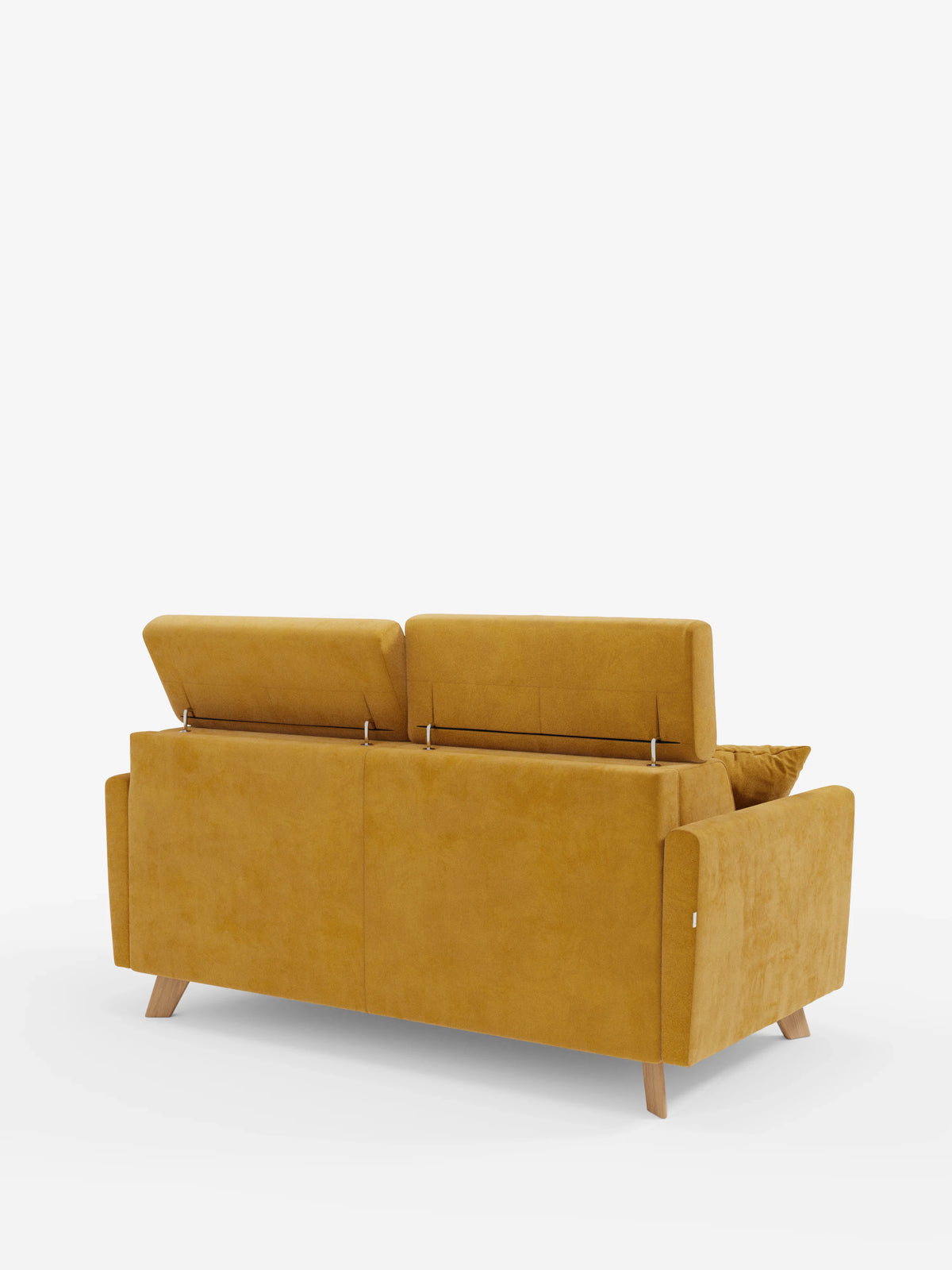 Un divano letto Francy color giallo senape di Divani.Store è ripreso da dietro, con gambe in legno e poggiatesta rialzati e regolabili. Esempio lampante dello stile moderno, questo divano a 2/3 posti vanta linee pulite, una silhouette squadrata e include un cuscino decorativo coordinato sul lato destro. Rivestito con l'elegante tessuto T30 antimacchia, sfoderabile al 100%, il divano risalta su uno sfondo bianco a tinta unita.
