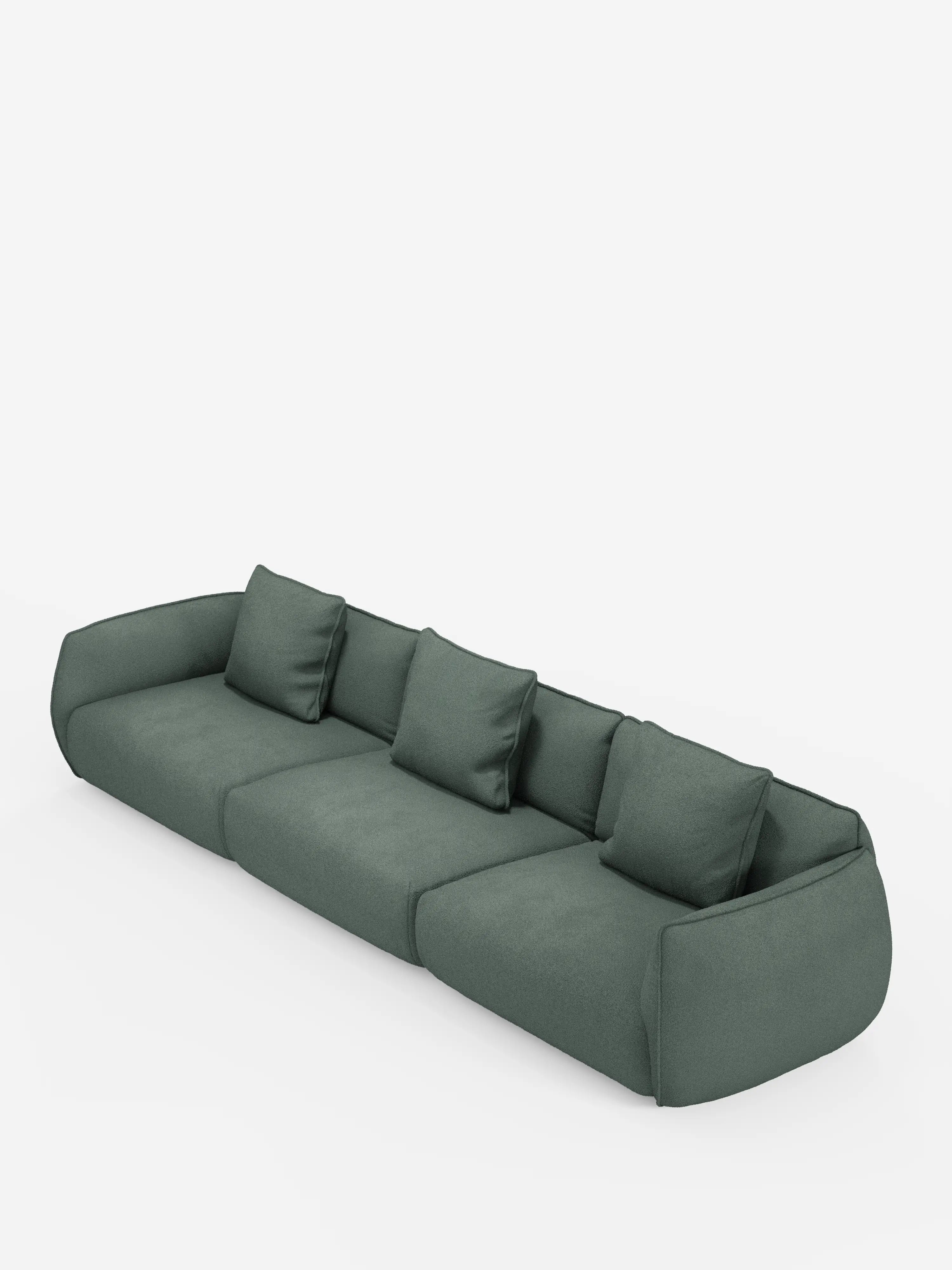 Un divano modulare Nimbus, spazioso, contemporaneo ed ecologico, a 3 posti, realizzabile in morbido tessuto smacchiabile effetto cotone T33 di Divani.Store, dotato di quattro cuscini di seduta, quattro cuscini dello schienale abbinati, angoli arrotondati e un design dal profilo basso, è esposto su uno sfondo bianco a tinta unita.