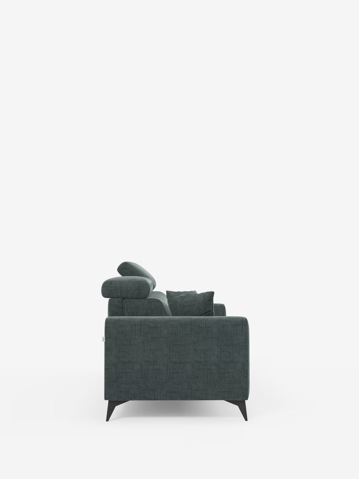 Vista laterale del divano letto matrimoniale Pegaso di Divani.Store, rivestito in tessuto jacquard T22 verde scuro antimacchia, con gambe angolate nere, bracciolo a vista, poggiatesta regolabile e cuscino di seduta; immortalato su uno sfondo bianco a tinta unita.