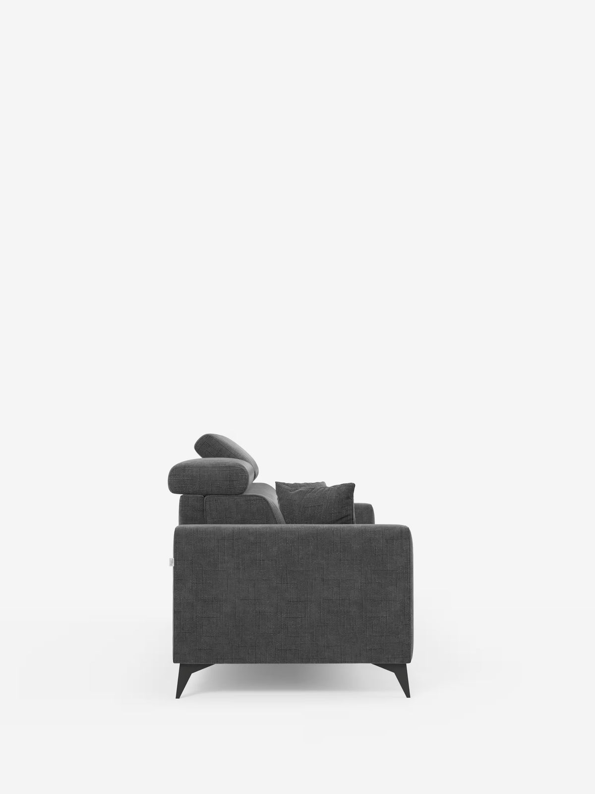 Su uno sfondo bianco è raffigurata una vista laterale del divano letto matrimoniale Pegaso di Divani.Store. Questo divano moderno, rivestito in tessuto jacquard grigio scuro antimacchia (T22), presenta braccioli angolati, gambe nere e poggiatesta regolabili. Un cuscino decorativo abbinato è appoggiato allo schienale e l’immagine minimalista è illuminata in modo nitido.
