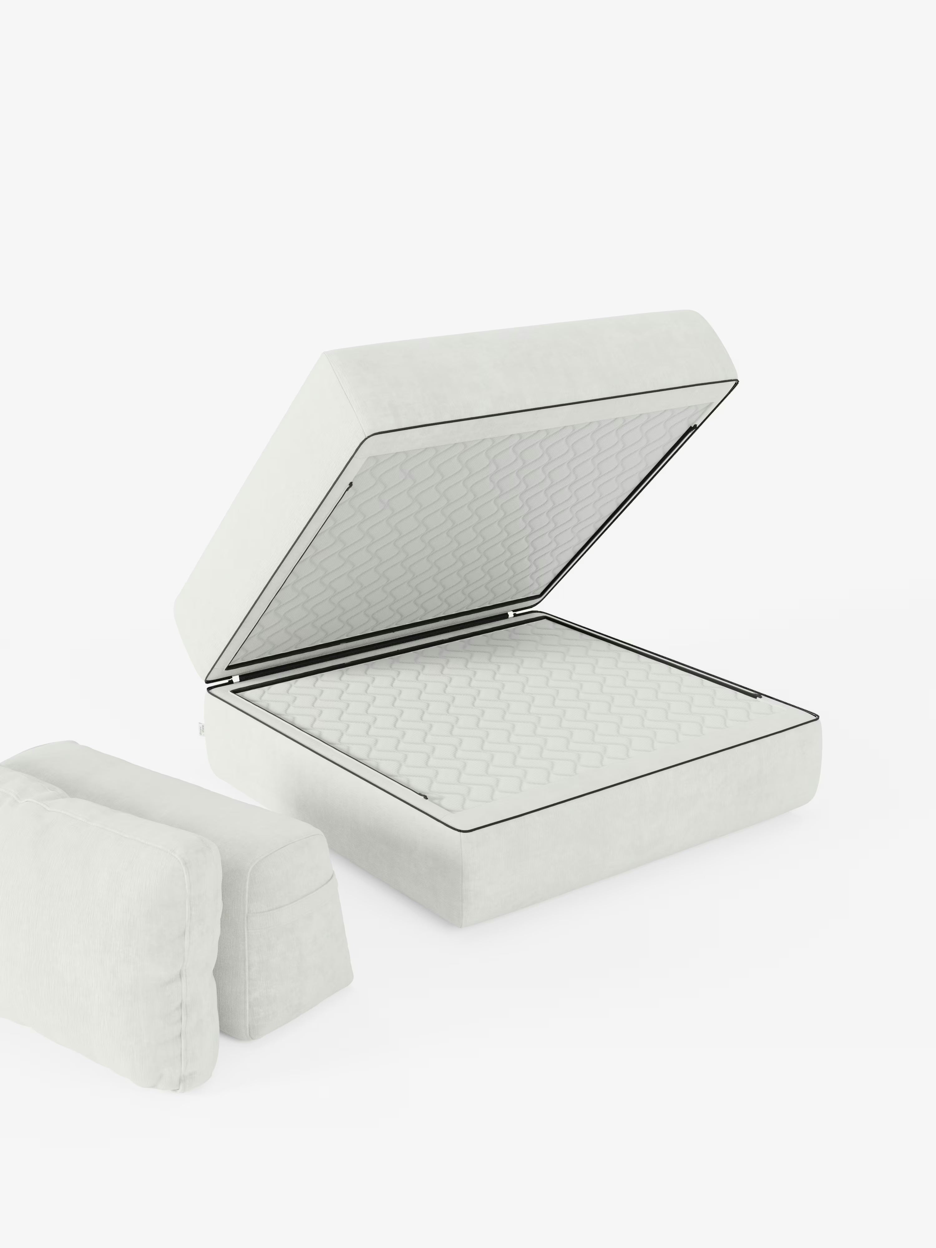 La poltrona letto Rift di Divani.Store, dotata di un materasso in memory foam alto 24 cm e di uno schienale reclinabile rivestito in tessuto T31 antimacchia, è presentata con il suo morbido cuscino su uno sfondo bianco a tinta unita, che ne esalta l’estetica minimalista e l’ampio comfort.