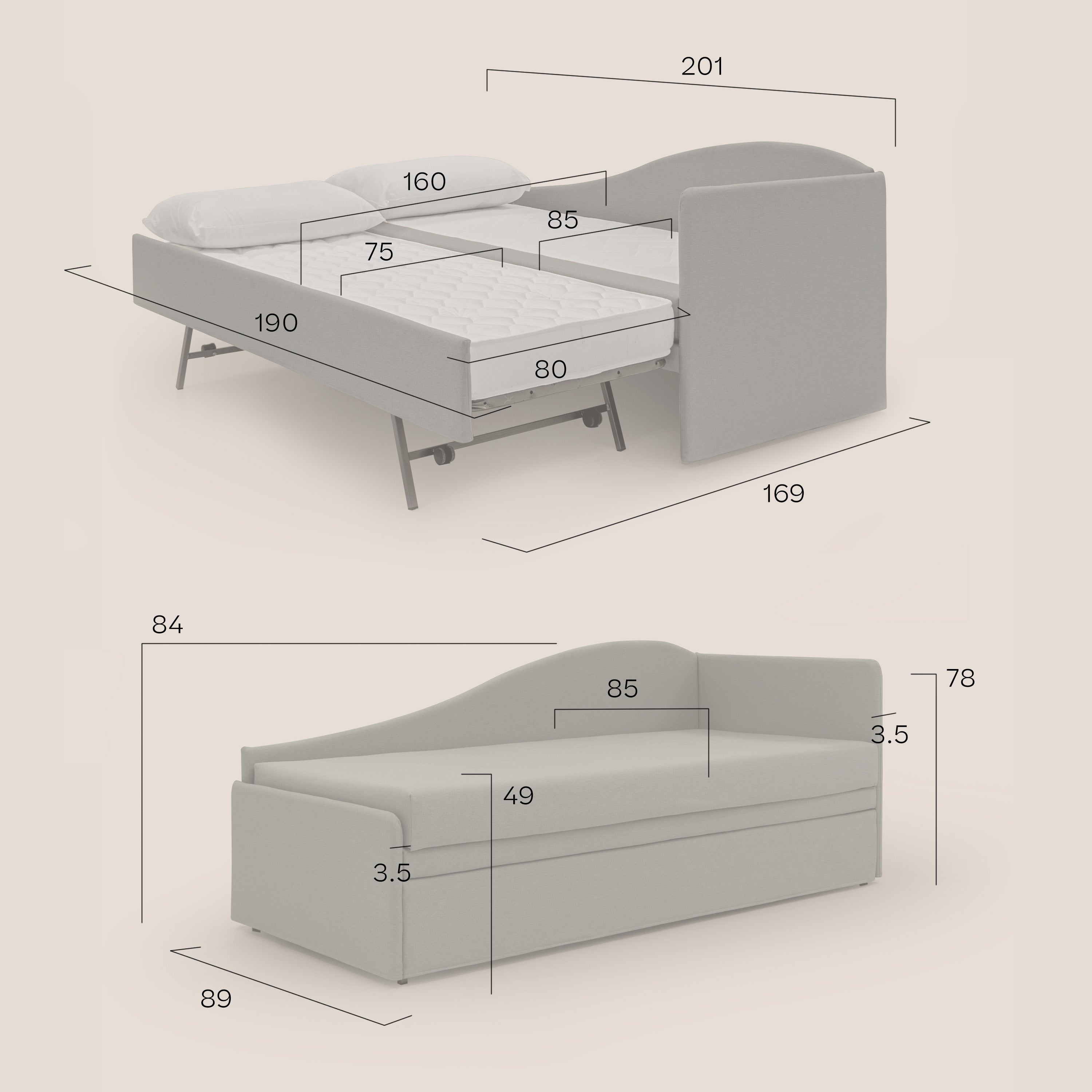 Nolo Divano duplex con doppio letto in tessuto simil cotone impermeabile T13 antracite - divani.store