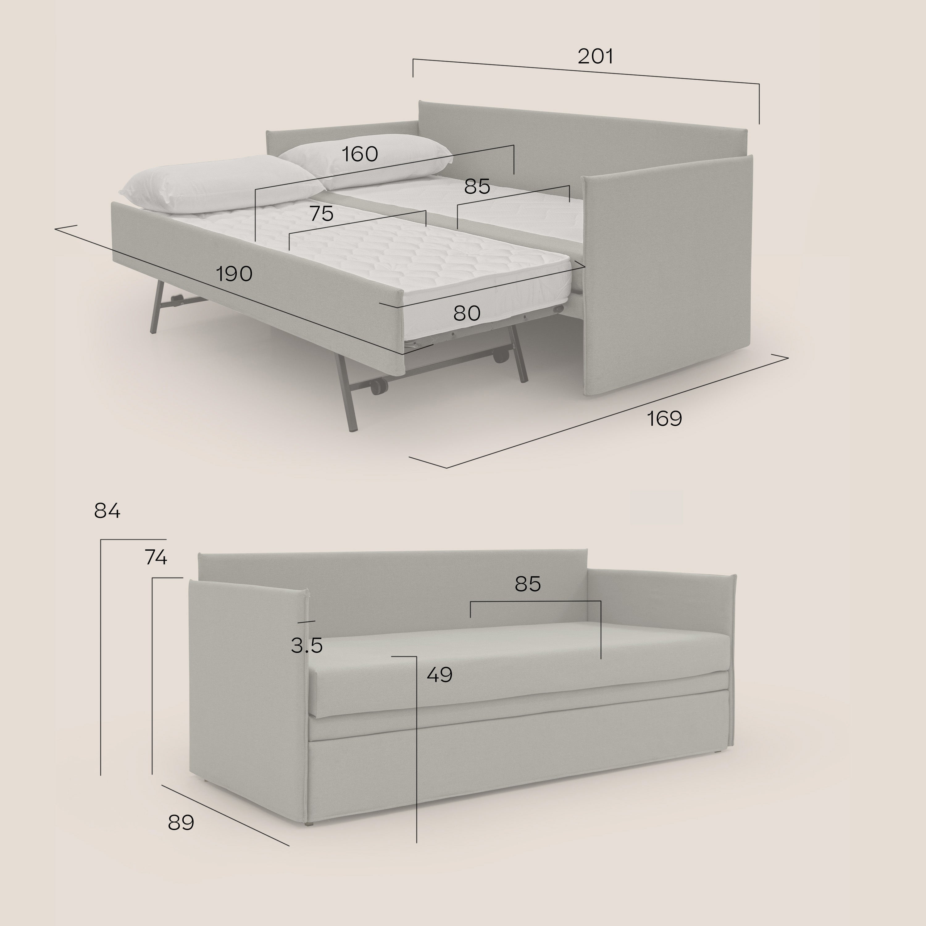 Brenta Divano duplex con doppio letto in tessuto simil cotone impermeabile T13 antracite - divani.store
