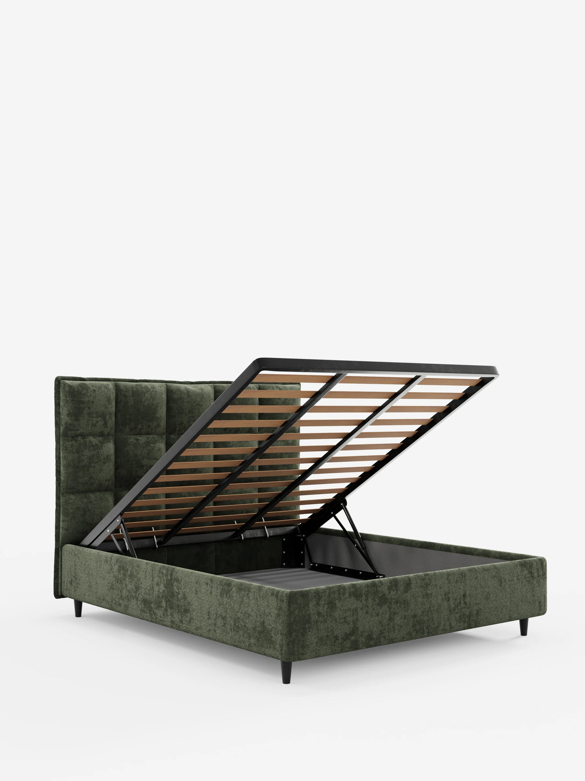Un letto imbottito AURO color verde muschio con vano contenitore e testiera alta capitonné in ciniglia Oeko-Tex®, dotato di base idraulica con vano contenitore e gambe affusolate nere.