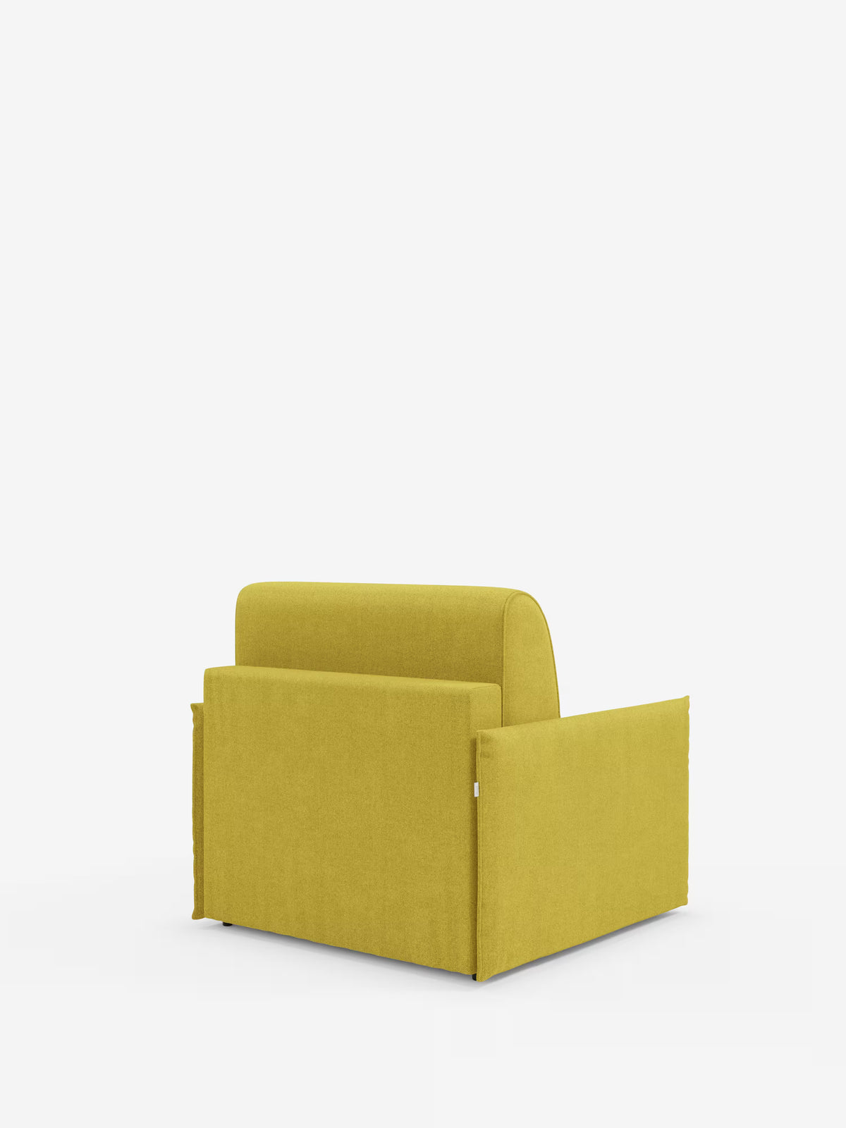 Una moderna poltrona letto compatta Evans di colore giallo con materasso, firmata Divani.Store, è raffigurata vista da dietro: presenta linee dritte e pulite e un rivestimento morbido e sfoderabile in tessuto T23 facile da pulire. Collocata su uno sfondo bianco senza giunture, senza gambe visibili né dettagli decorativi, questa poltrona salvaspazio mantiene un’estetica minimalista.